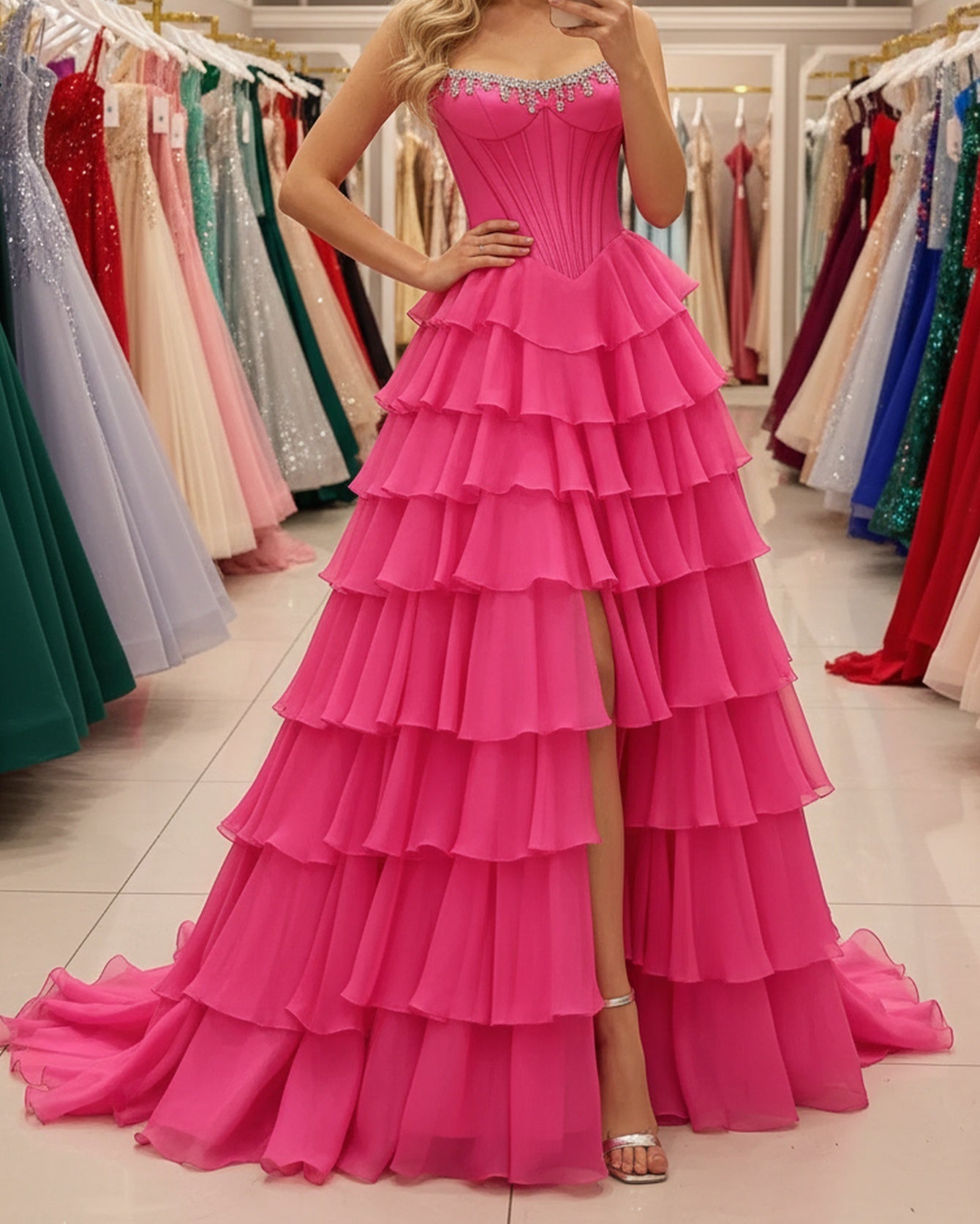 Crystal Corset Layered Ruffle Hem Long Prom Dress With Slit - Hot Pink