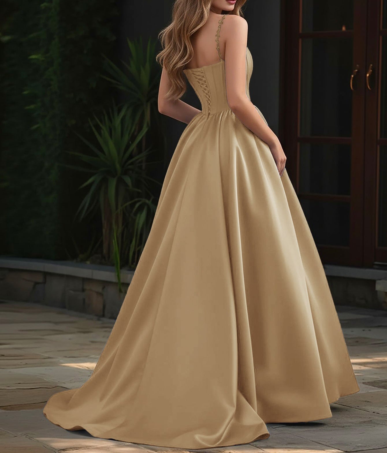 Spaghetti Straps Bodice Ball Gown Evening Dress - Gold