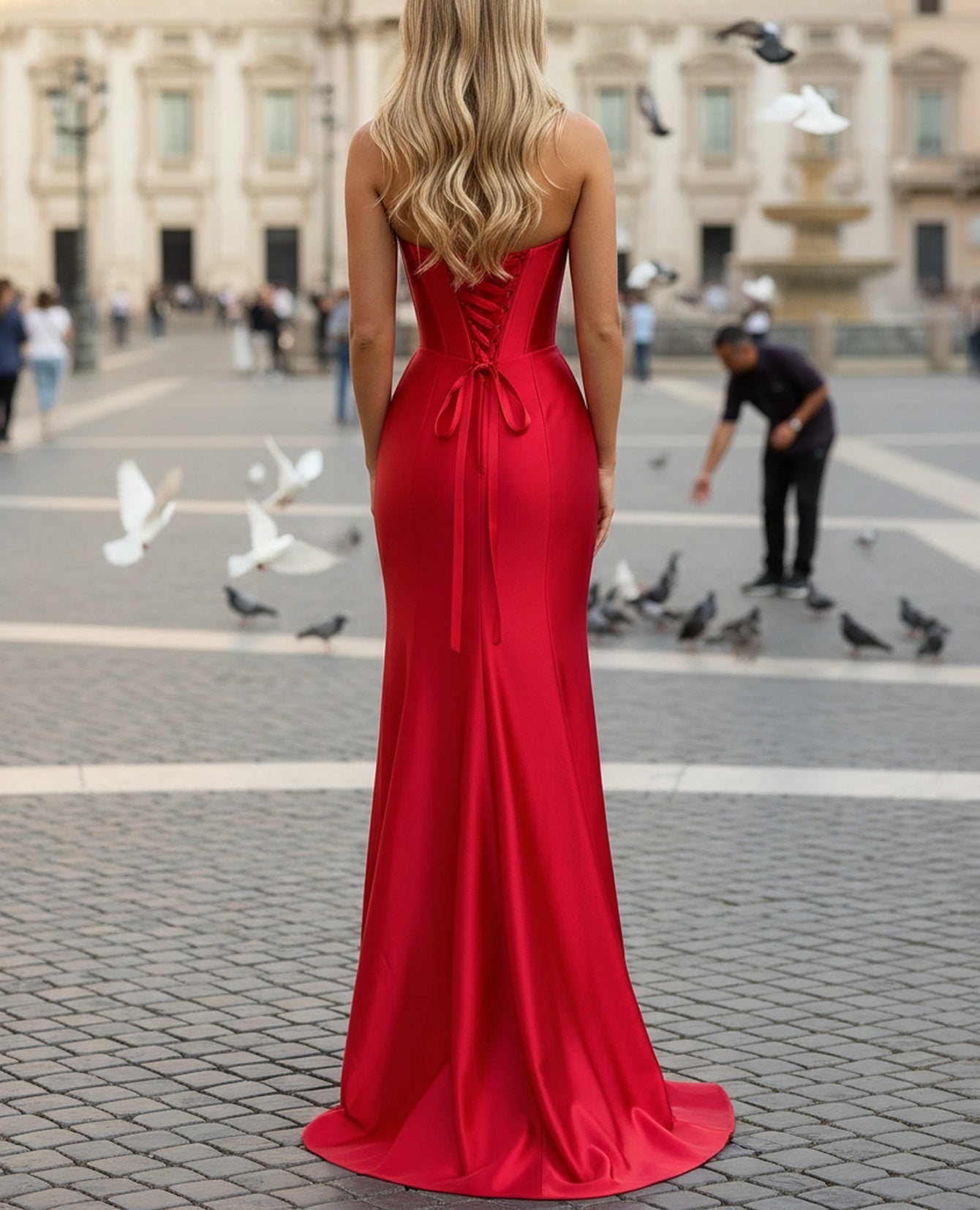 Sweetheart Lace Strapless Ruched Bust Corset Lace Up Long Mermaid Prom Dress - Red
