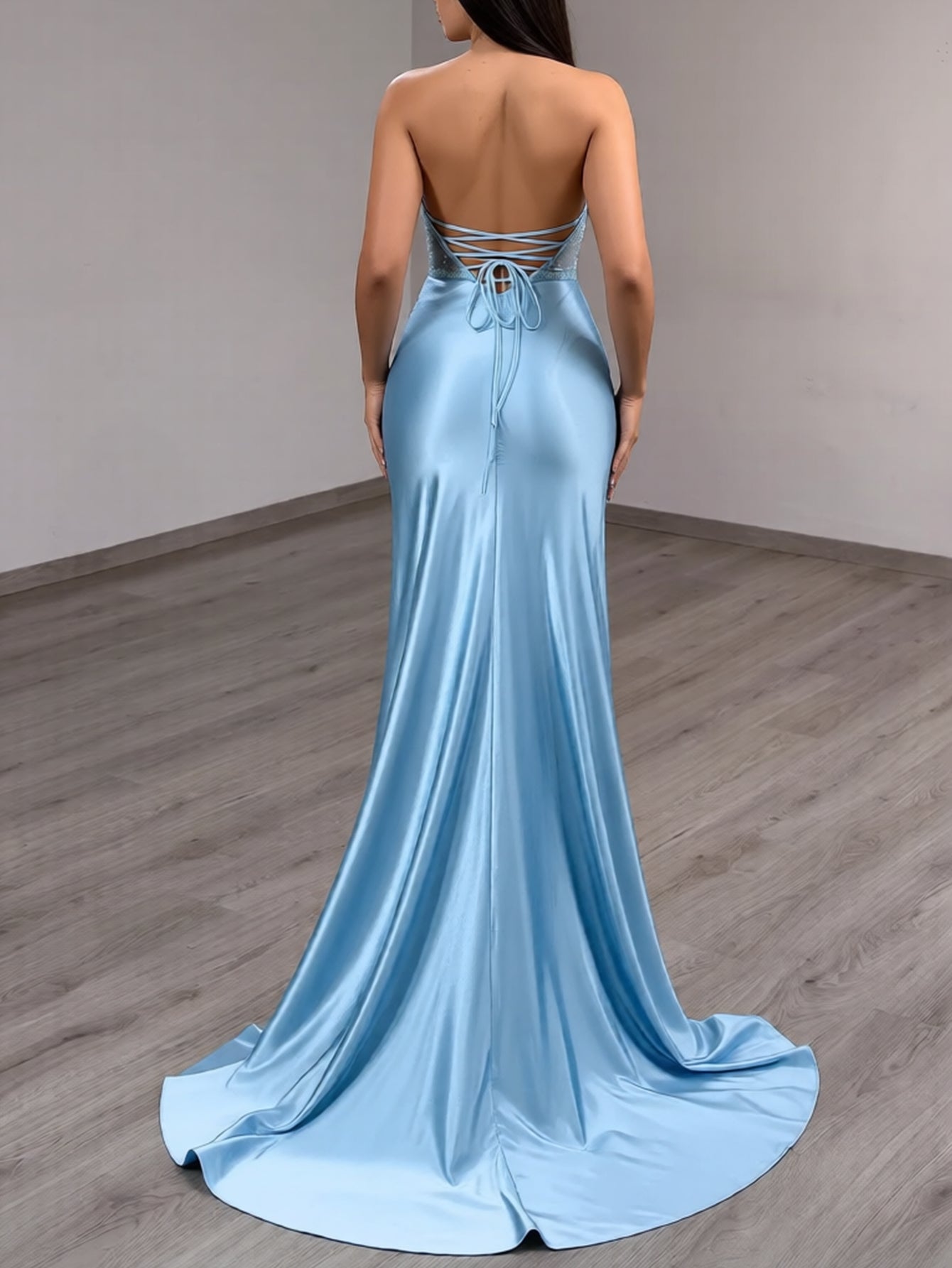 Sparkly Beading Lace Up Illusion Ruched Bodice Long Mermaid Prom Dress With Detachable Bow - Sky Blue