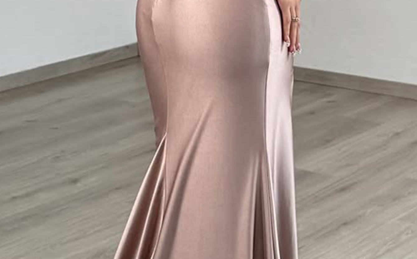Sparkly Beading Lace Up Cut Front Ruched Bodice Long Mermaid Prom Dress - Dusty Rose
