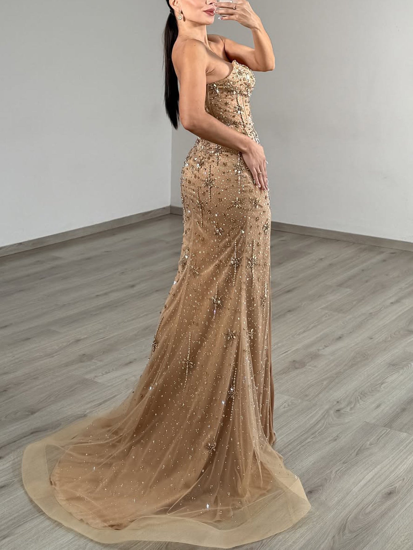 Sparkly Beading Cut Front Pleated Bodice Long Mermaid Prom Dress With Detachable Drop Train - Champagne