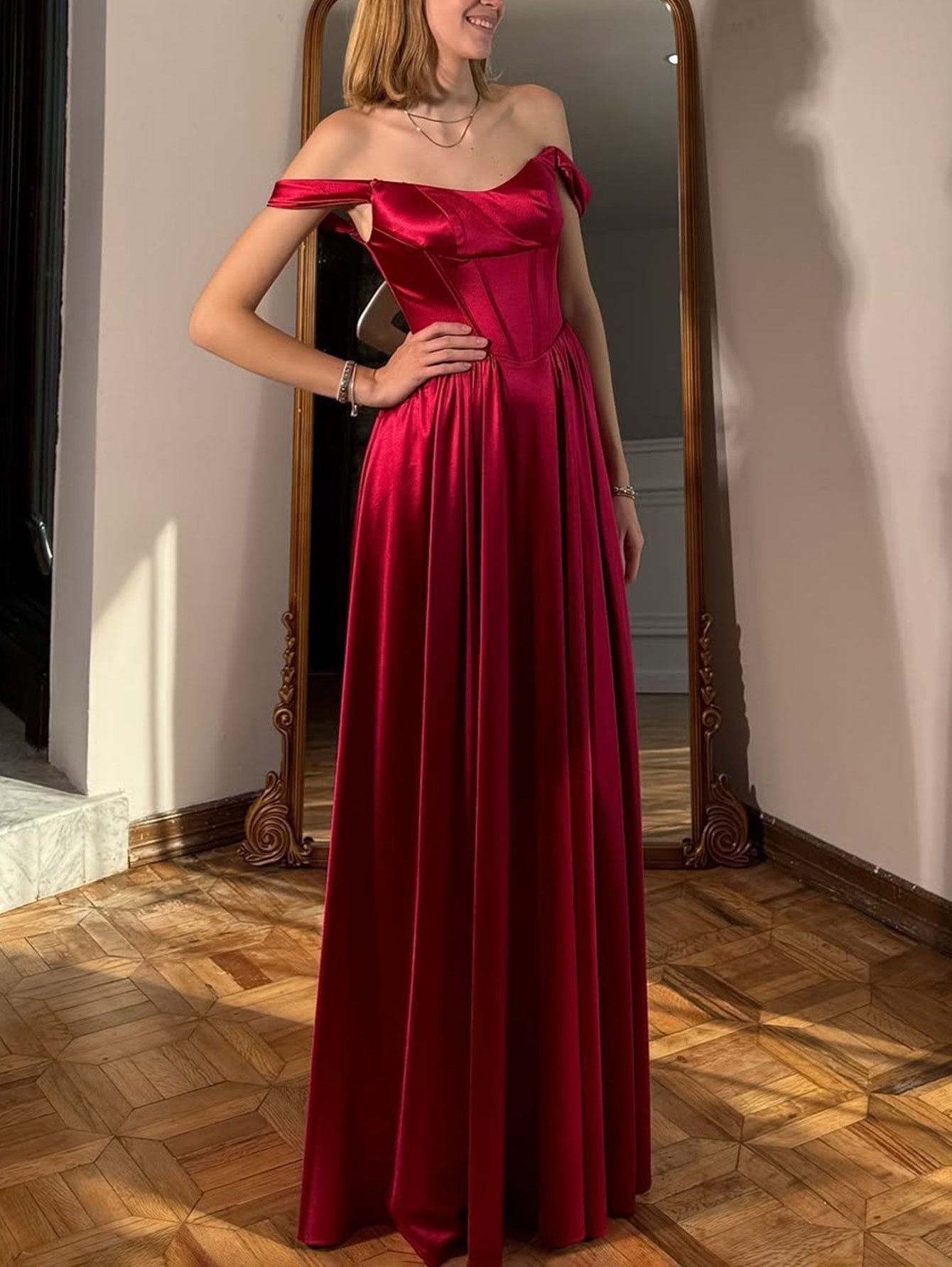 Lace Up Pleated Bodice A-Line Long Prom Dress With Detachable Strap