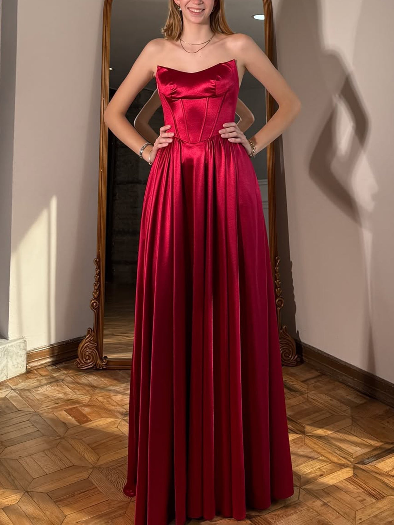 Lace Up Pleated Bodice A-Line Long Prom Dress With Detachable Strap - Red