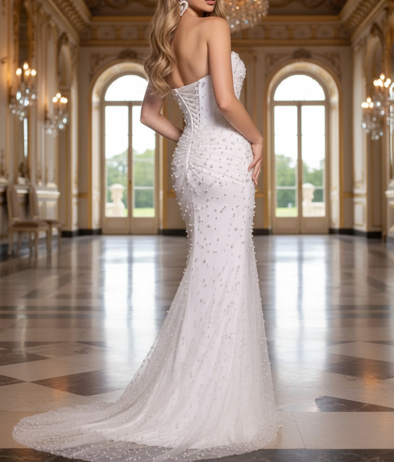 Sparkly Beading Cut Front Lace Up Ruched Mermaid Bodice Long Prom Dress - White