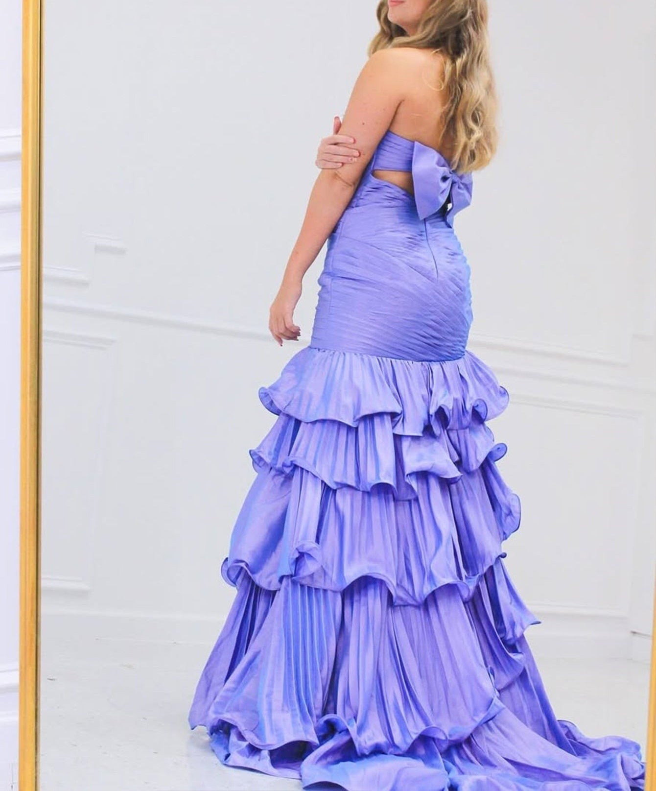 Cut Front Sparkly Beading Bow Back Ruched Bodice Mermaid Long Prom Dress With Slit - Lilac