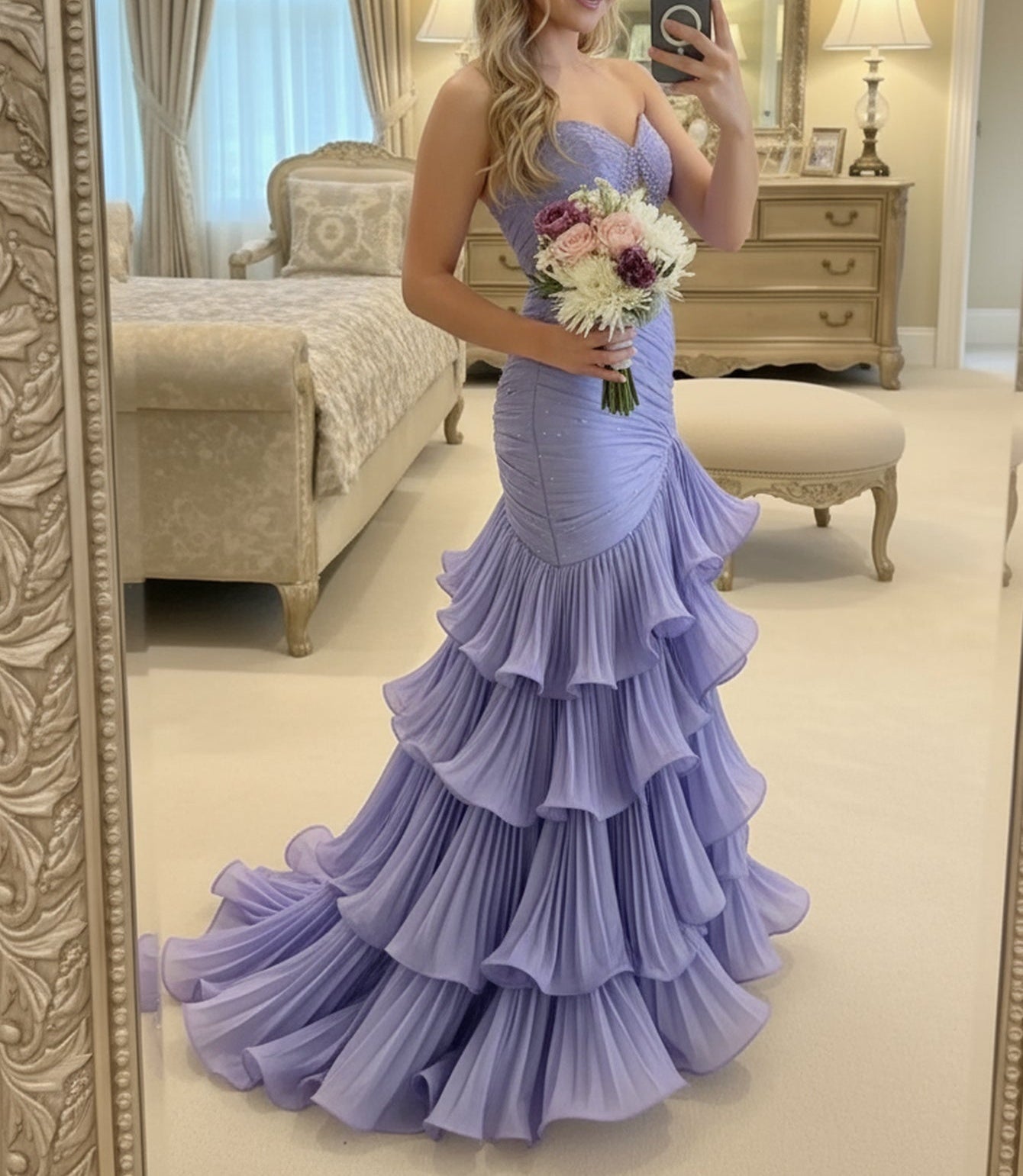 Cut Front Sparkly Beading Bow Back Ruched Bodice Mermaid Long Prom Dress With Slit - Lilac