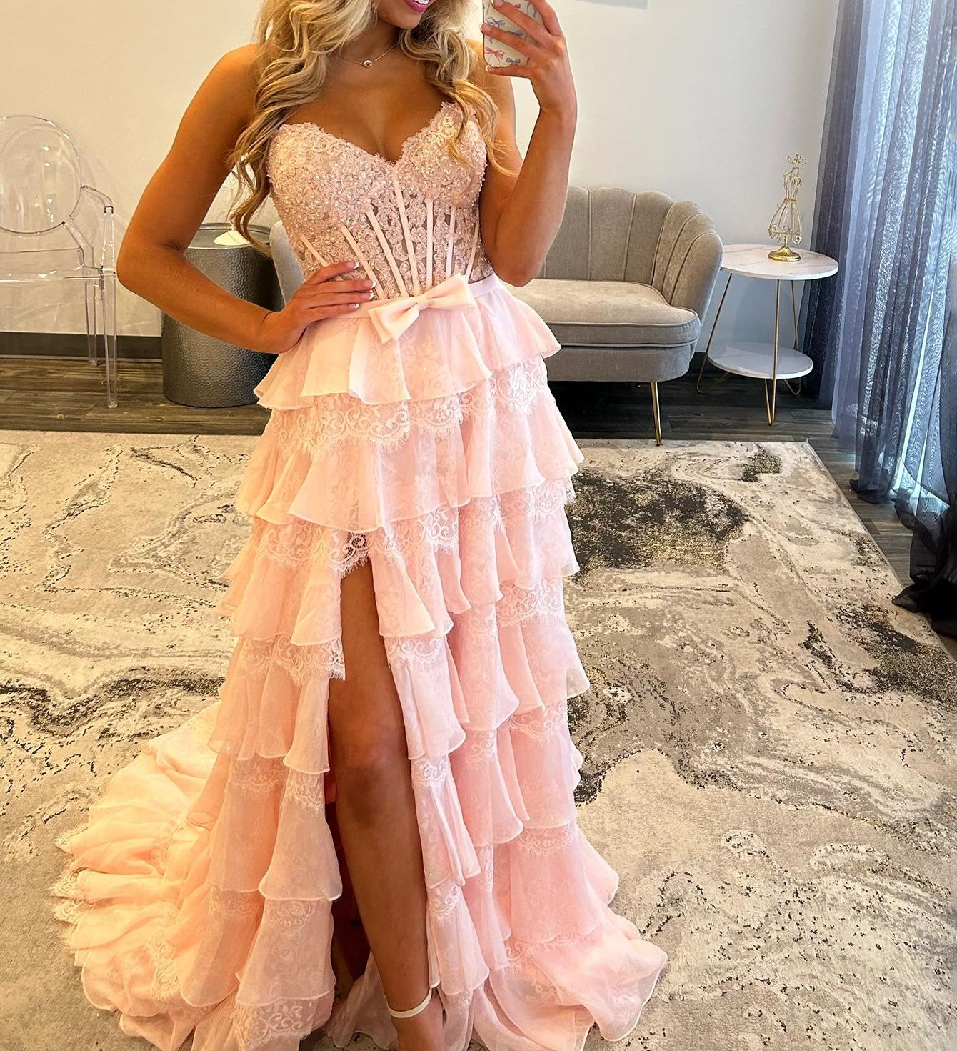 Sparkly Beading Bow Front Lace Up Bodice A-Line Long Prom Dress With Slit - Pink