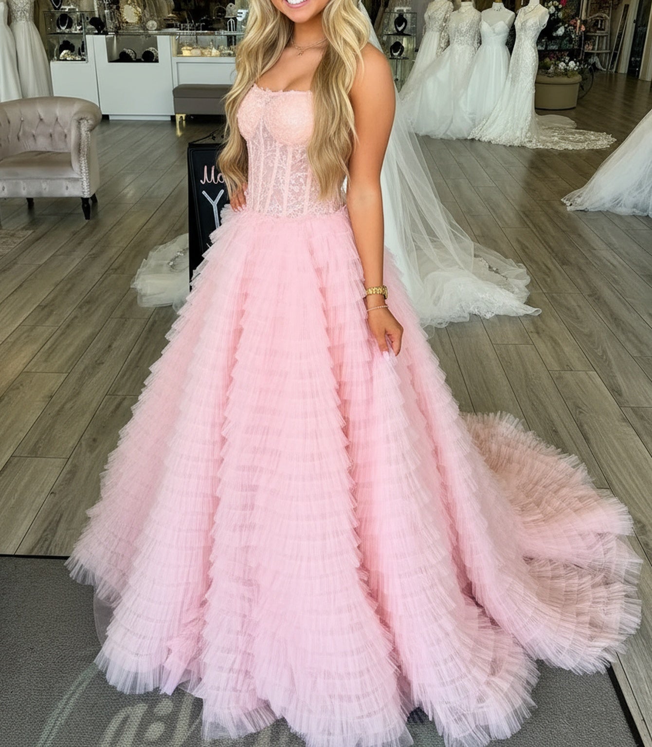 Embroidery Illusion Bodice Ball Gown Long Prom Dress - Pink