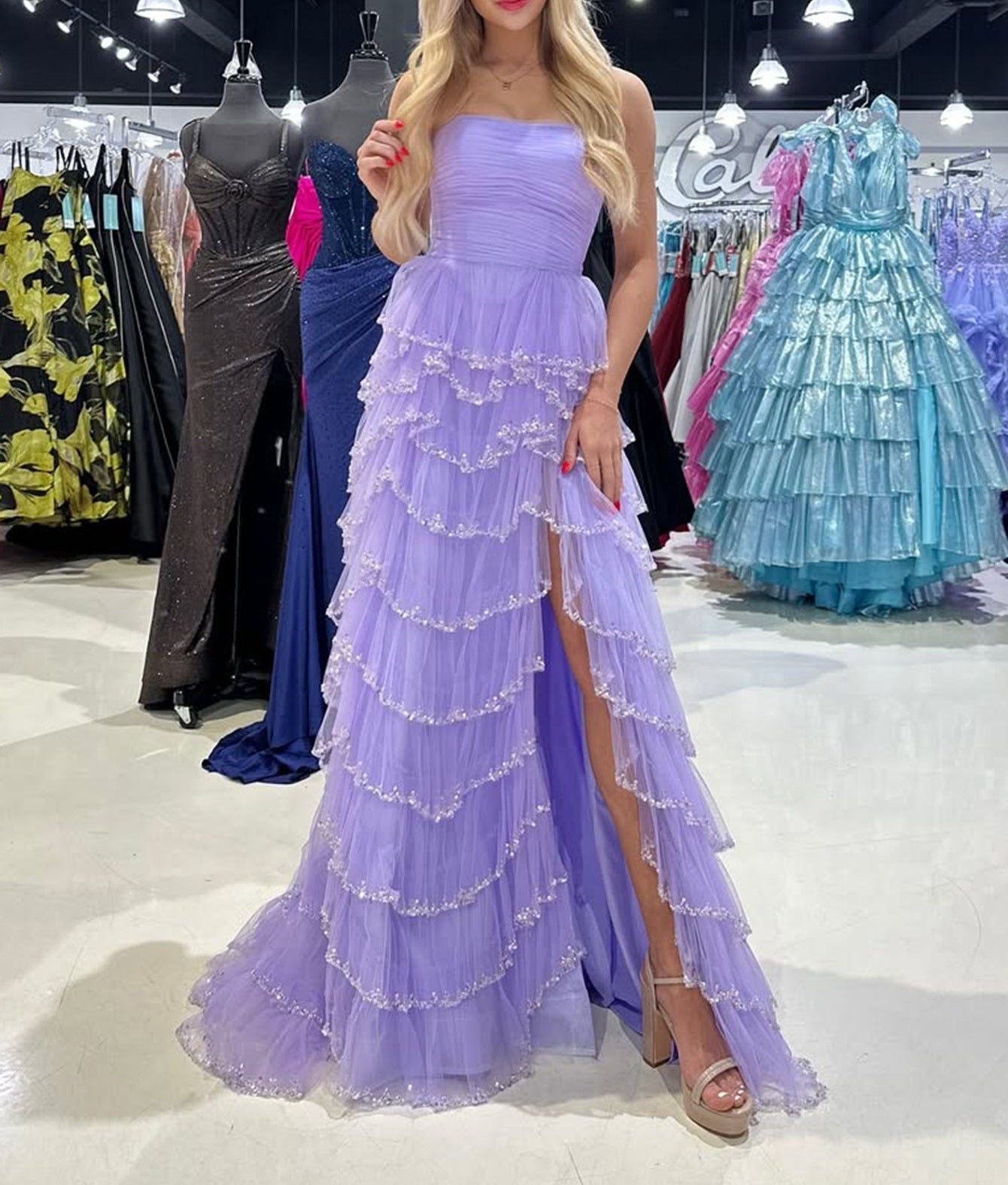 Strapless Pleated A-Line Bodice Long Prom Dress With Slit - Lilac