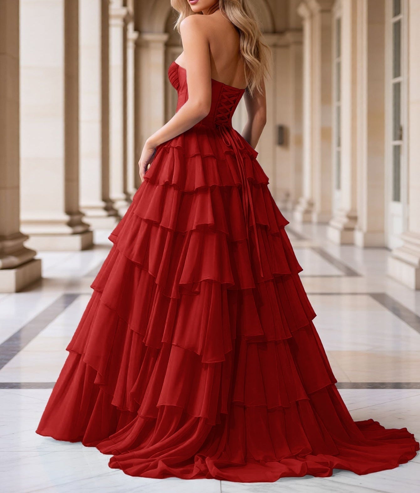 Strapless Corset Ball Gown With Ruffle Skirt Slit - Red