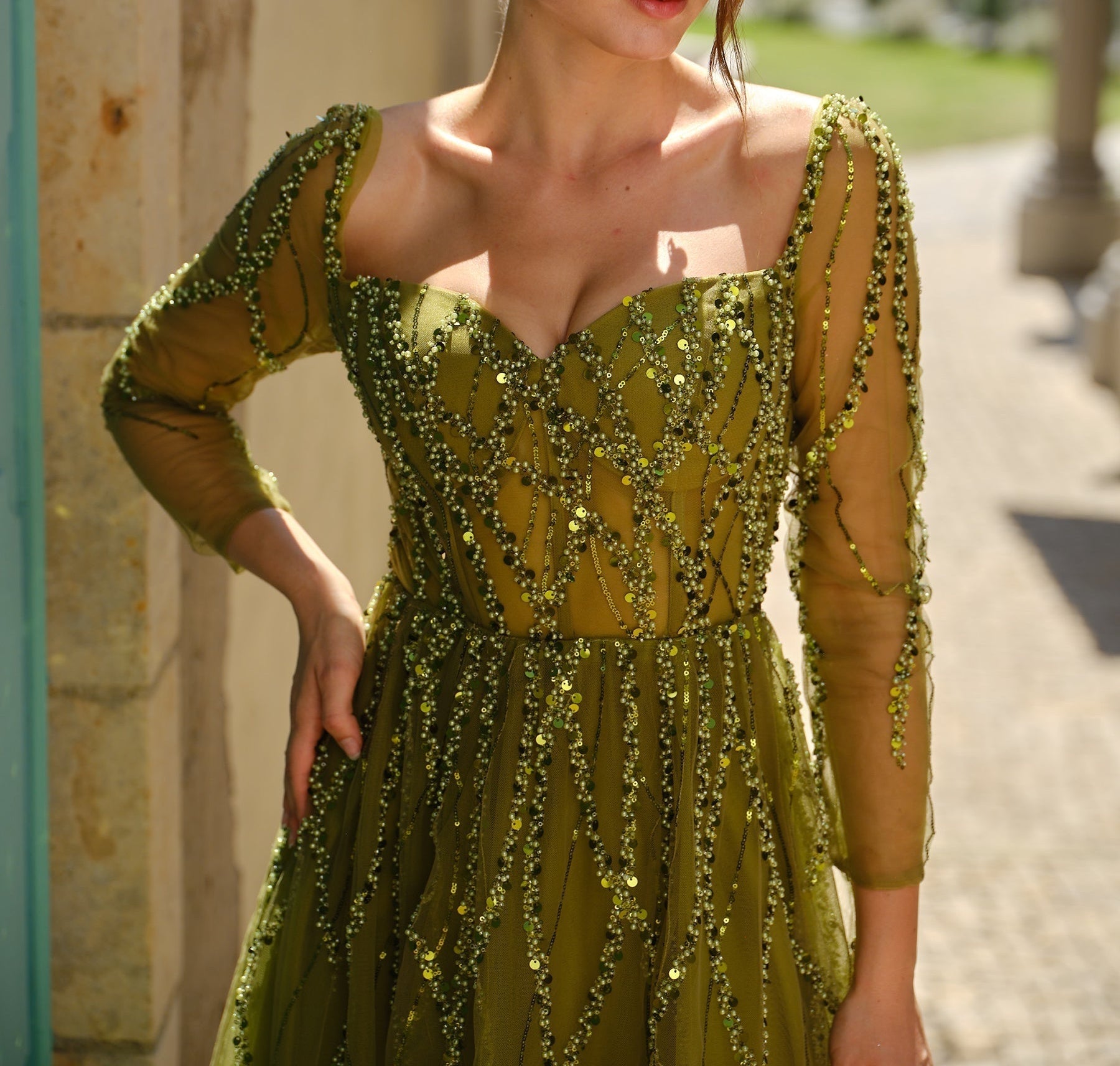 Hand Beading Long Sleeves Illusion Prom Dress - Olive Green