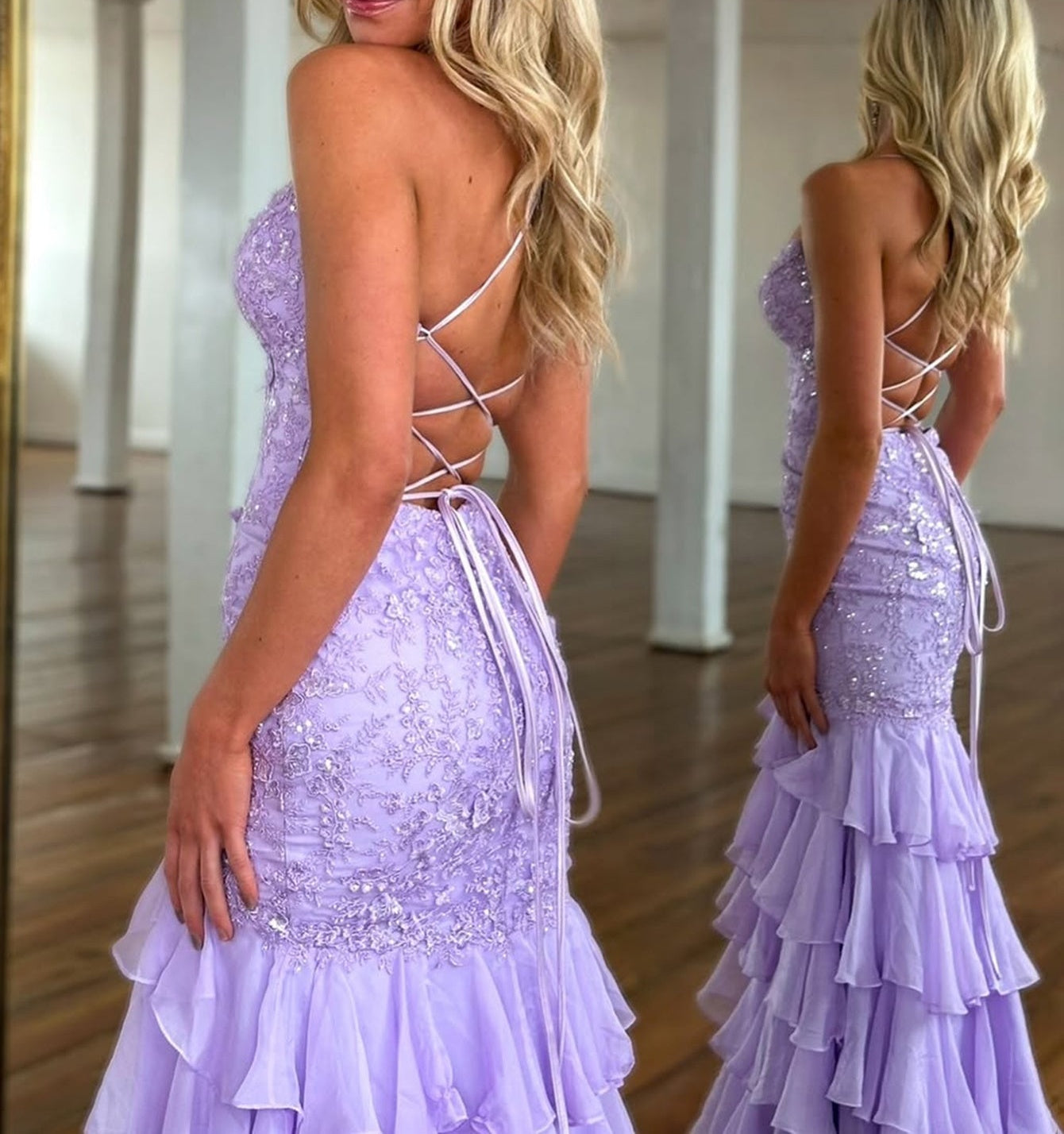 V-Neck Lace Up Embroidery Bodice Long Mermaid Prom Dress With Slit - Lilac