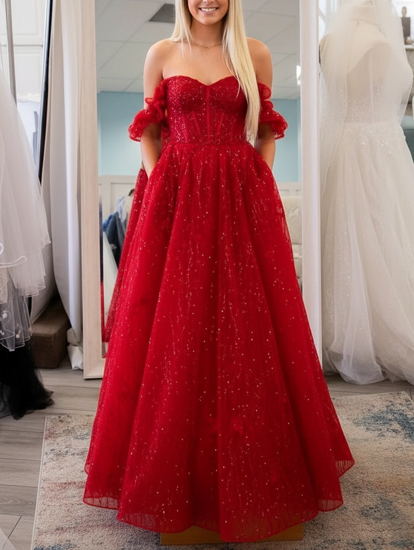 Off Shoulder Sparkly Beading Lace Up Bodice Ball Gown Prom Dress - Red