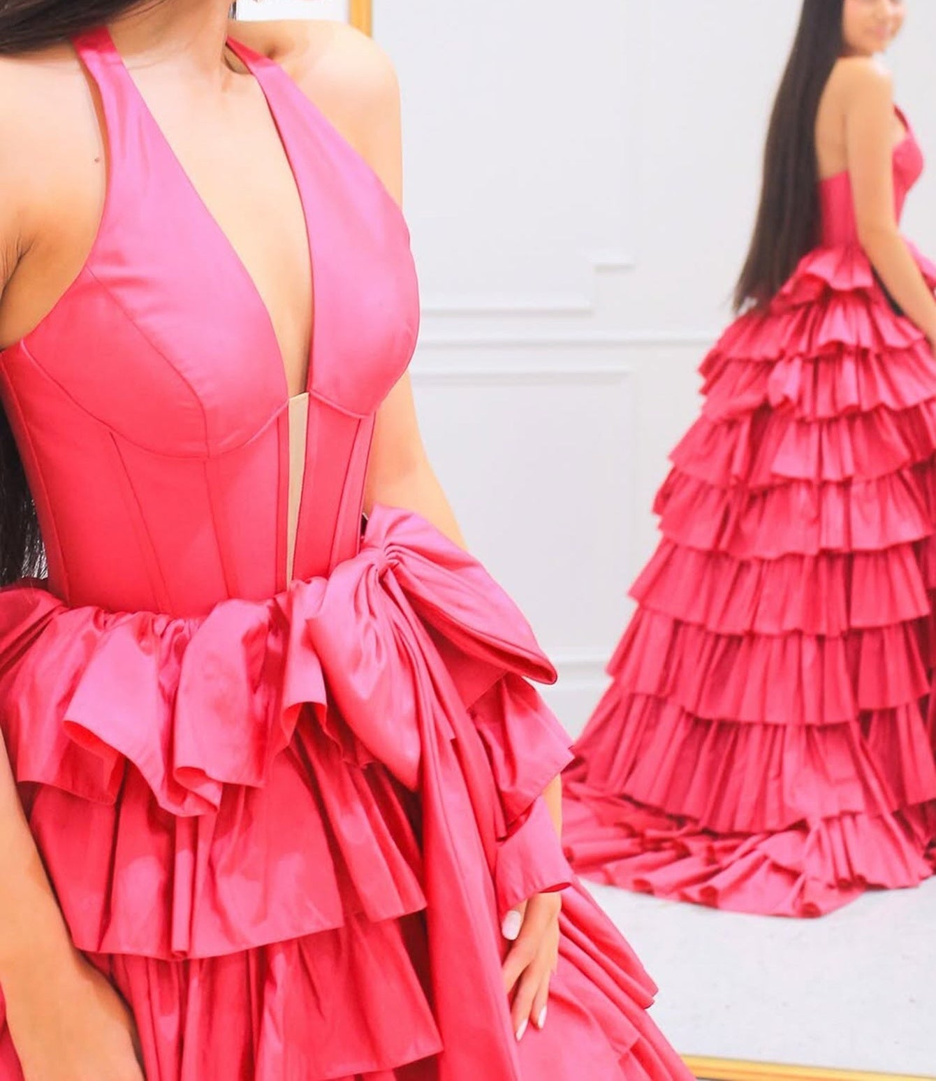 Halter Big Bow Lace Up Bodice Ball Gown Prom Dress - Pink