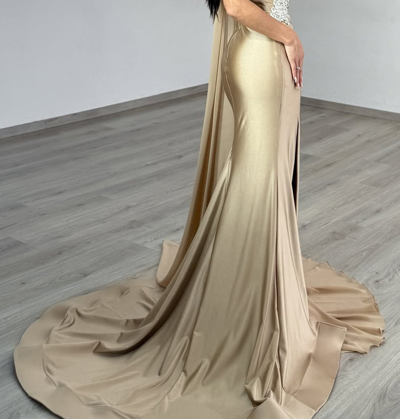 One Shoulder Ruched Embroidery Bodice Mermaid Prom Dress With Drop Train - Champagne