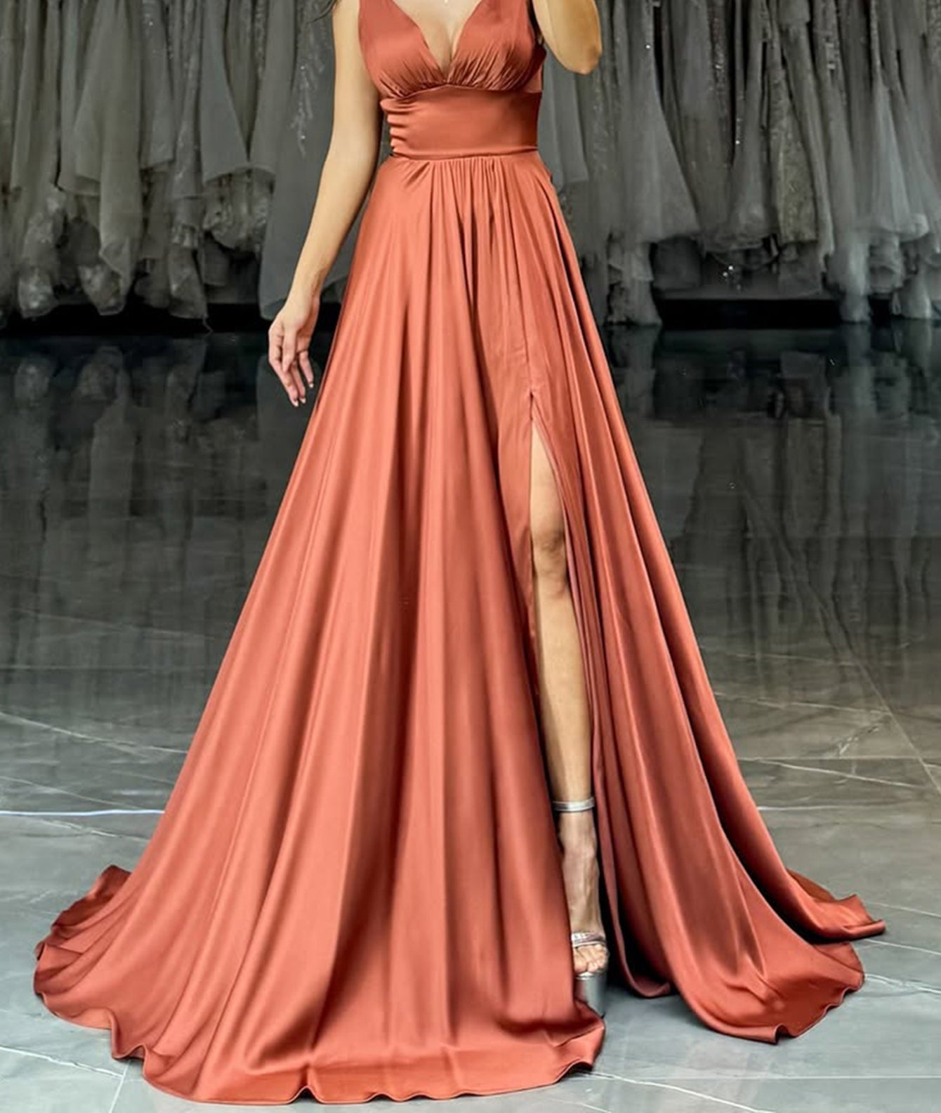 Tank V-Neck Pleated Bodice Ball Gown Prom Dress With Slit - Orange