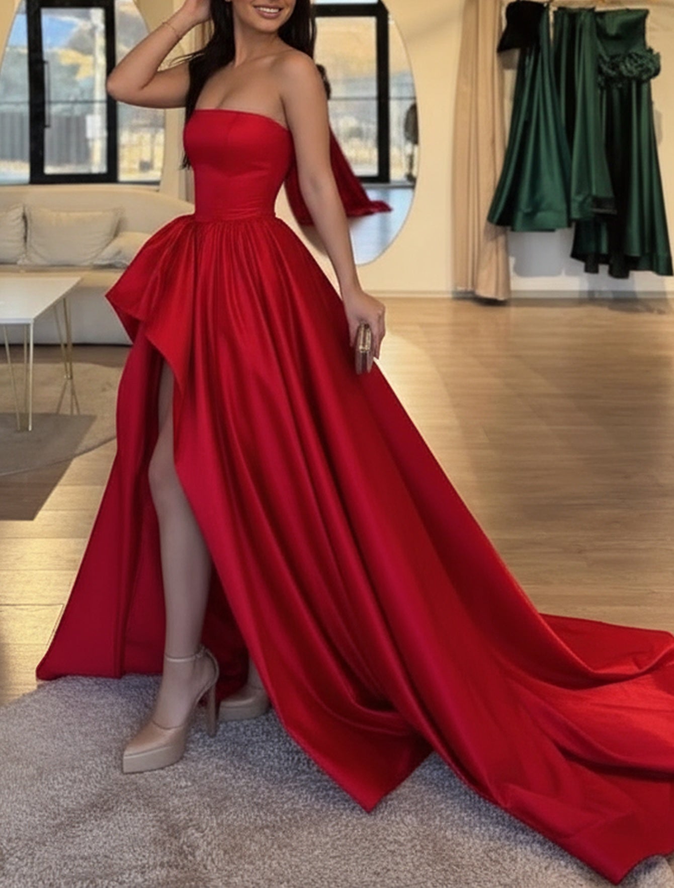 Strapless Lace Up Big Bow Bodice Ball Gown Prom Dress - Red