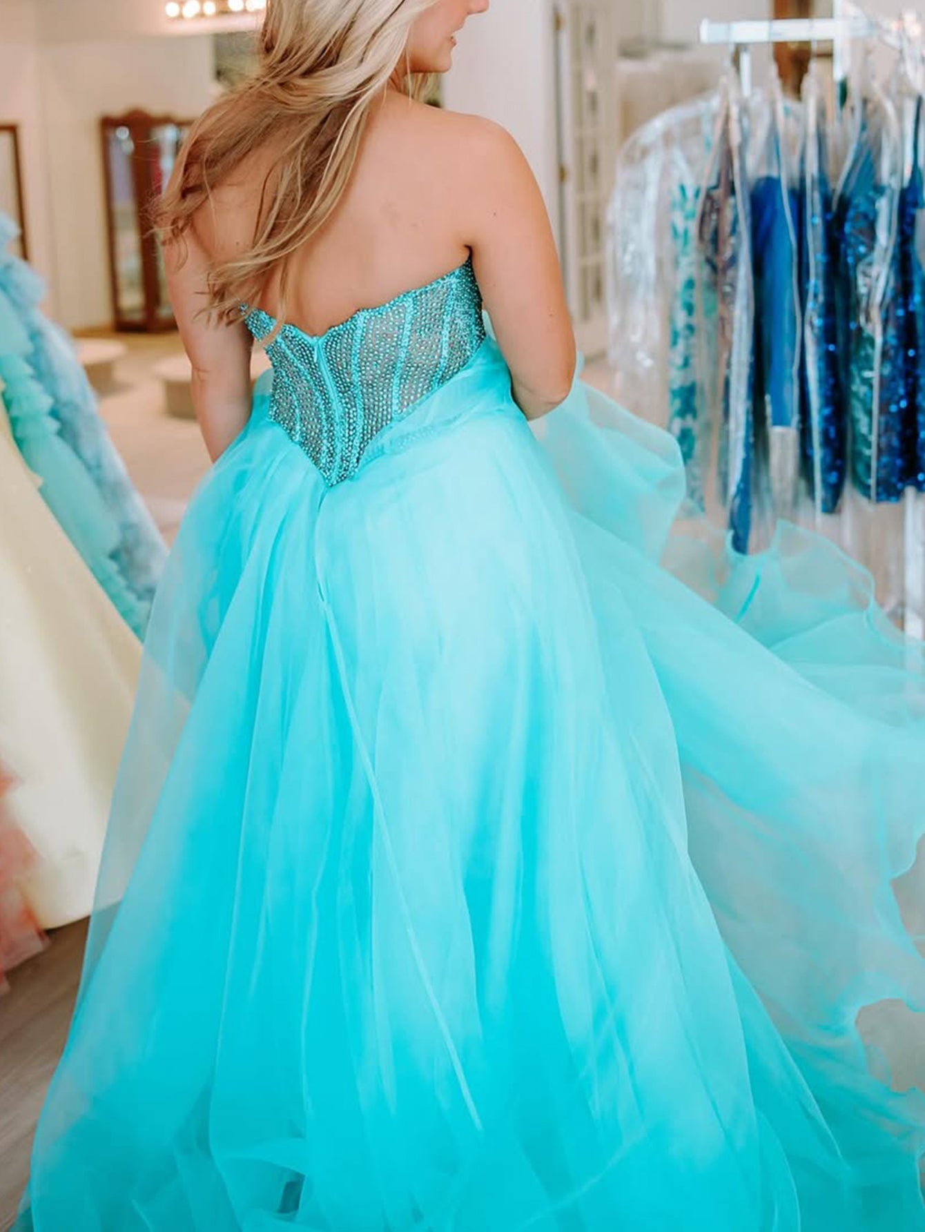 Strapless Hand Beading Bodice Ball Gown Prom Dress With Slit - Blue