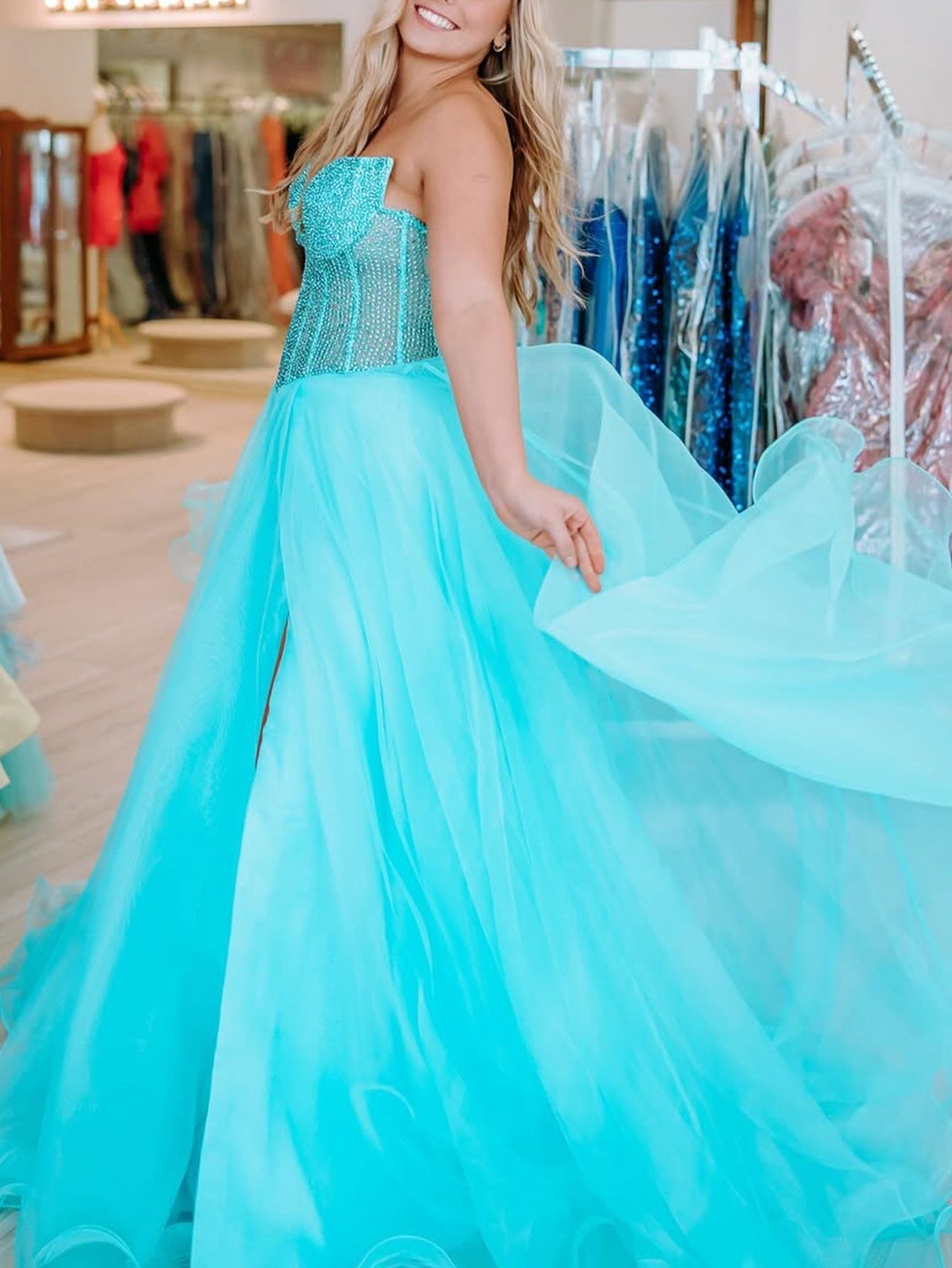 Strapless Hand Beading Bodice Ball Gown Prom Dress With Slit - Blue