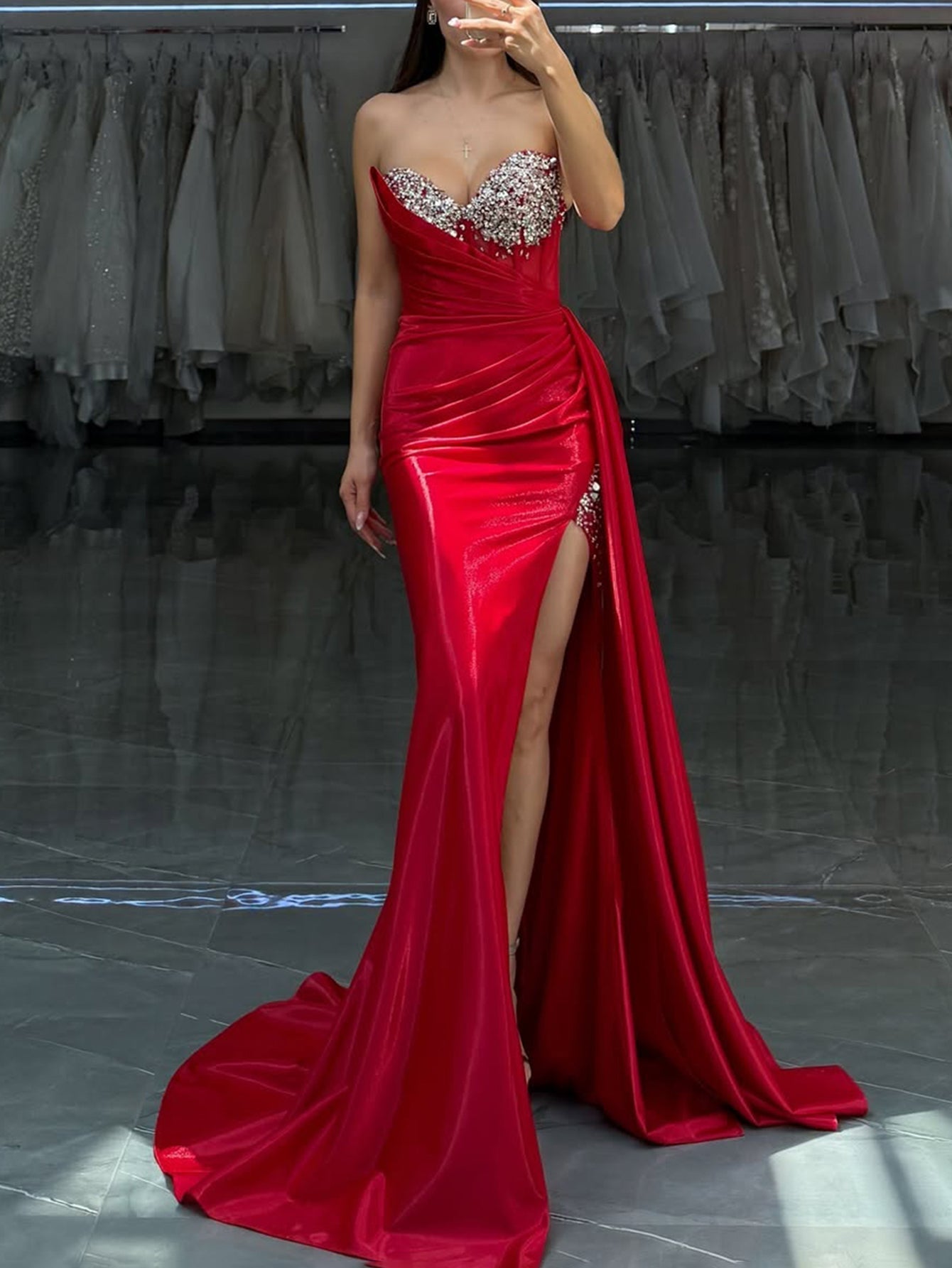 Strapless Lace Up Beading Bodice Ruched Mermaid Prom Dress With Drop