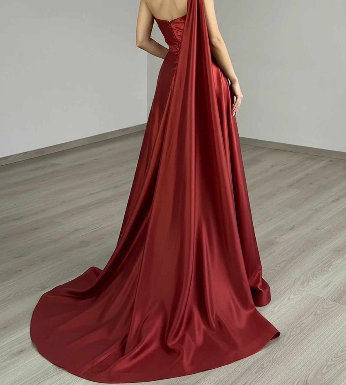 One Shoulder Ruched 3D Flower Bodice Ball Gown Prom Dress With Drop Train - Red