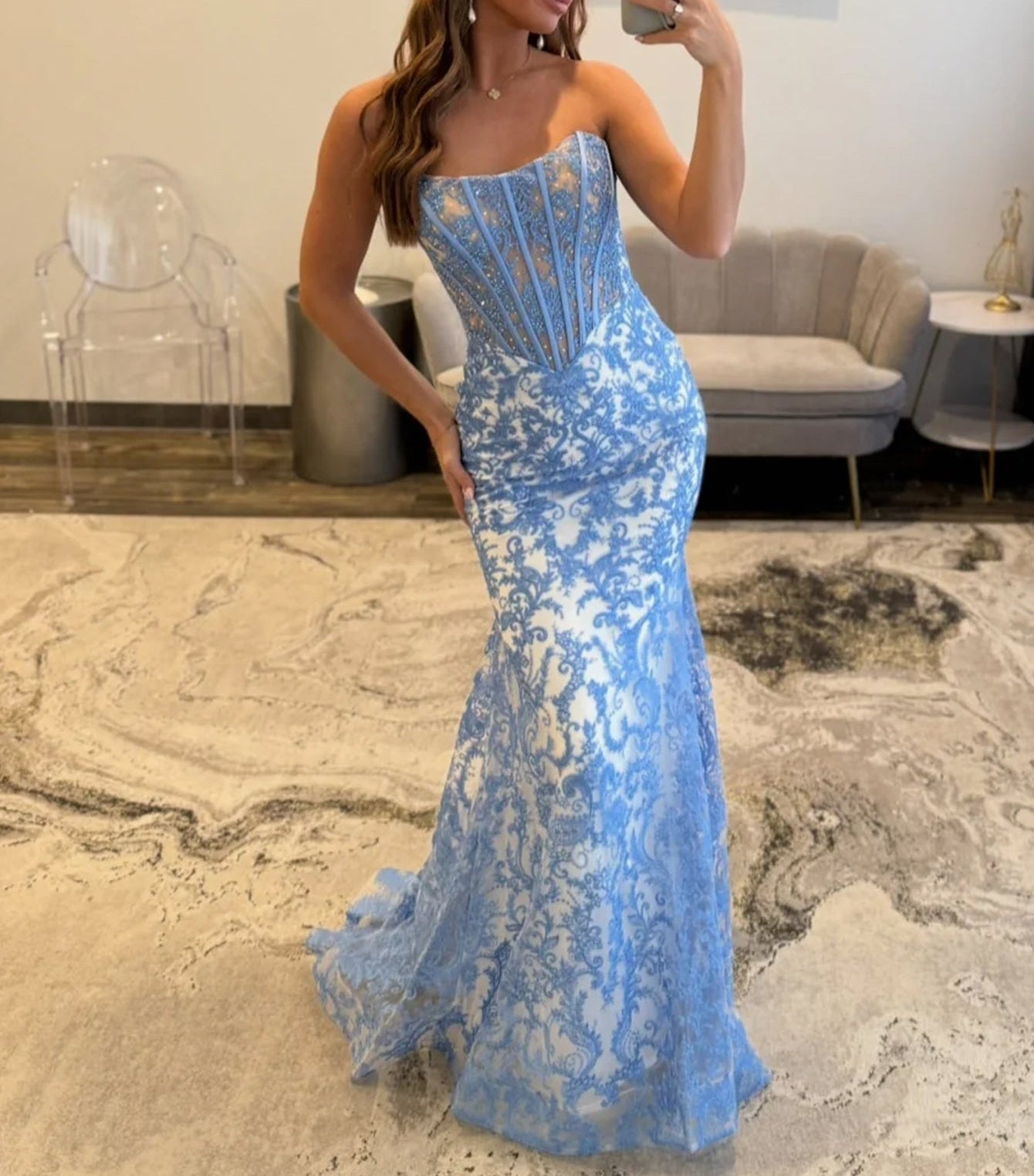 Strapless Illusion Beading Embroidery Bodice Mermaid Prom Dress - Blue