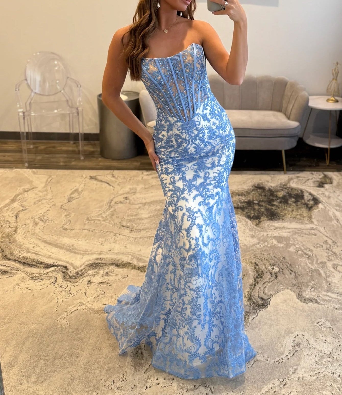 Strapless Illusion Beading Embroidery Bodice Mermaid Prom Dress - Blue