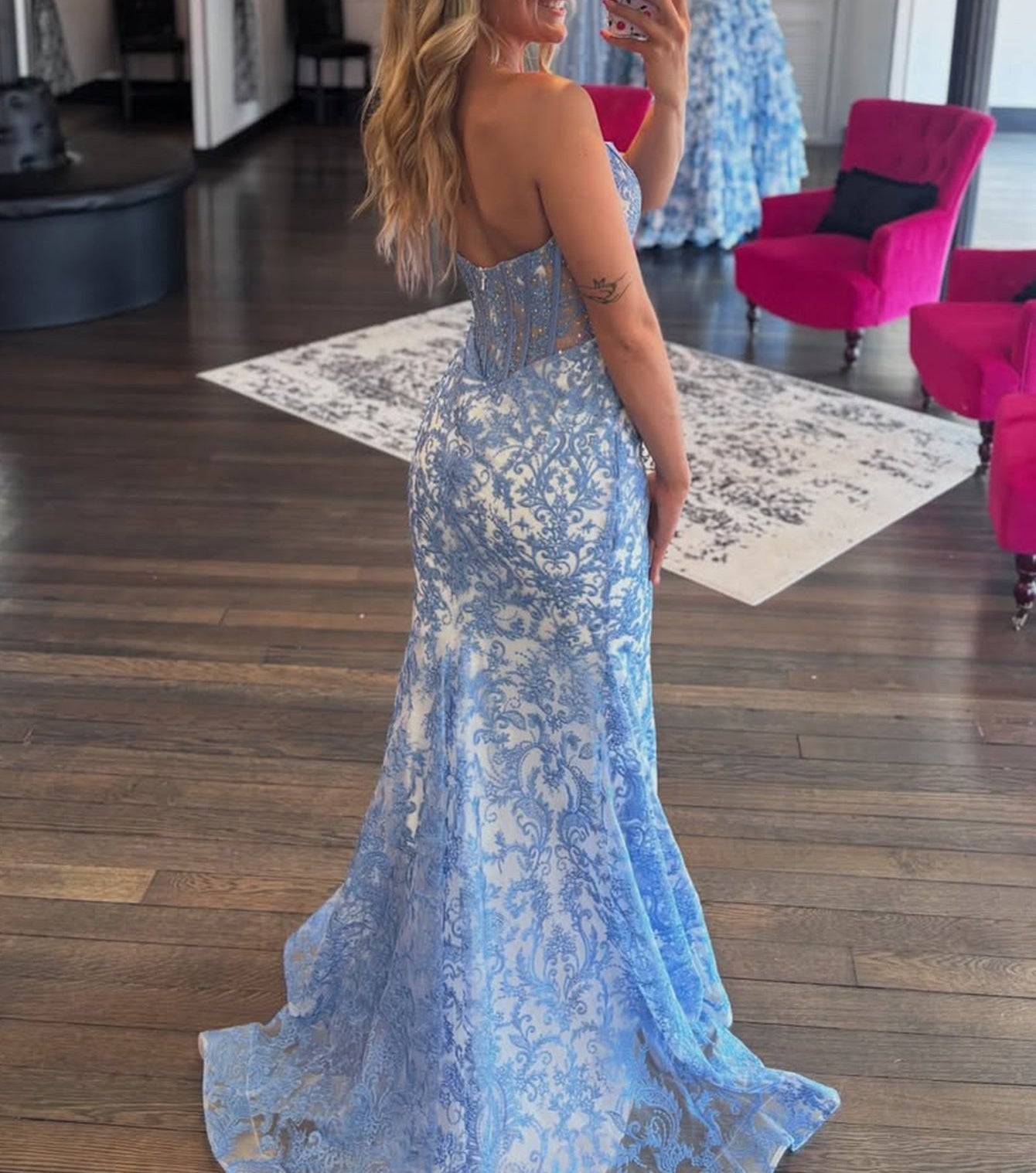 Strapless Illusion Beading Embroidery Bodice Mermaid Prom Dress - Blue