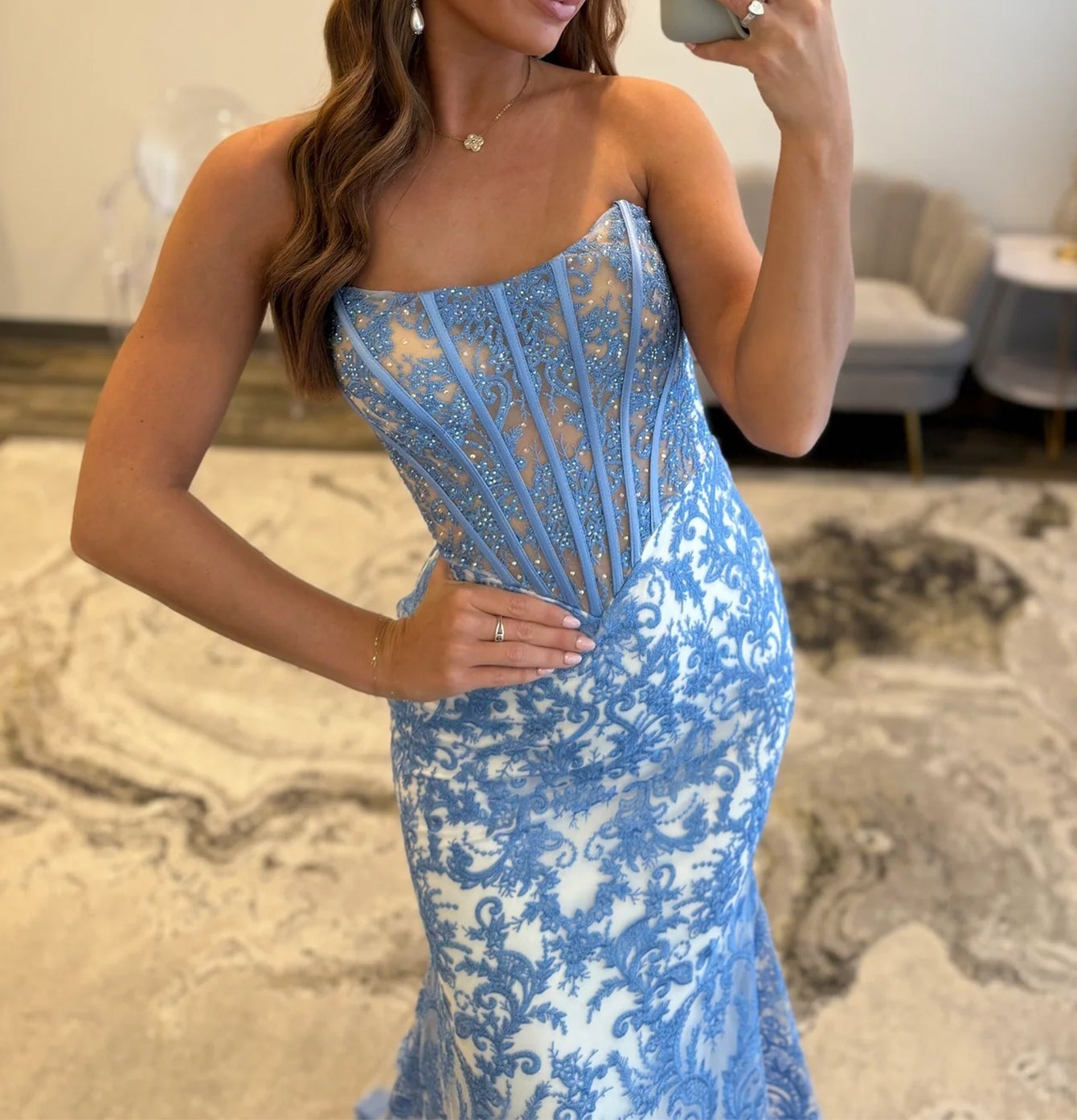 Strapless Illusion Beading Embroidery Bodice Mermaid Prom Dress - Blue