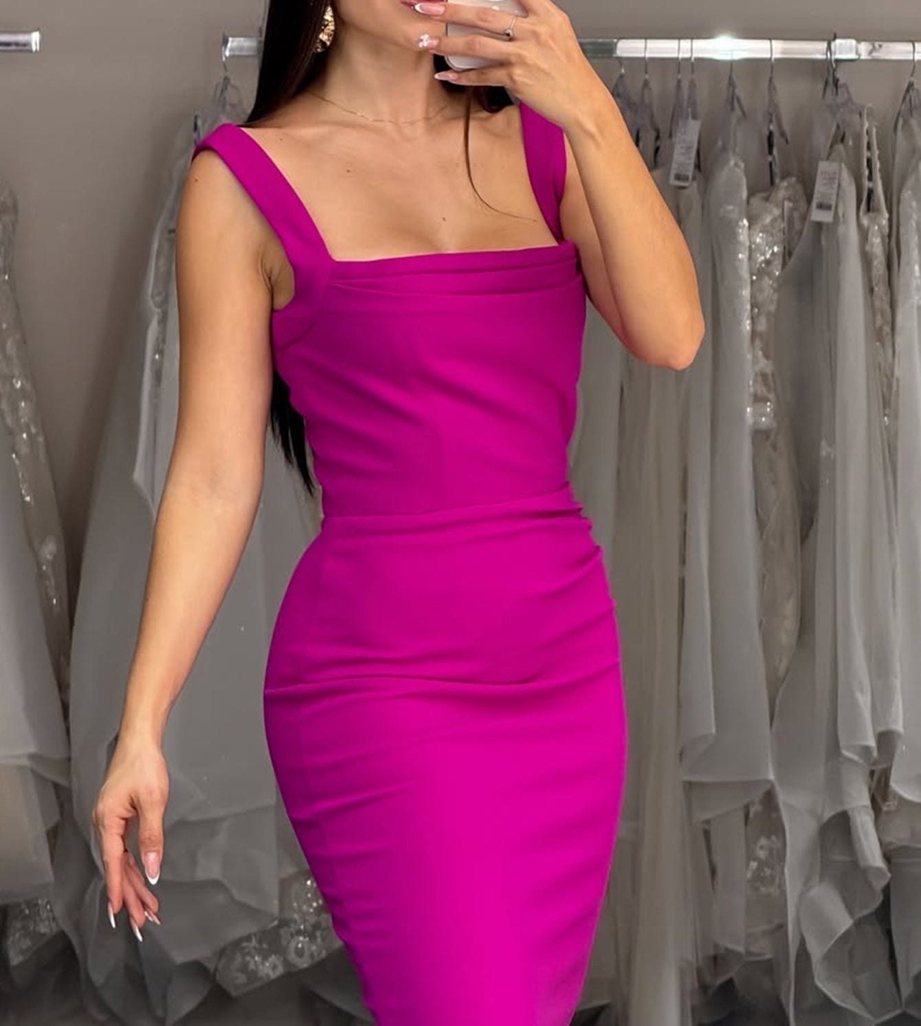 Tank Square Neck Ruched Bodice Mermaid Prom Dress - Hot Pink