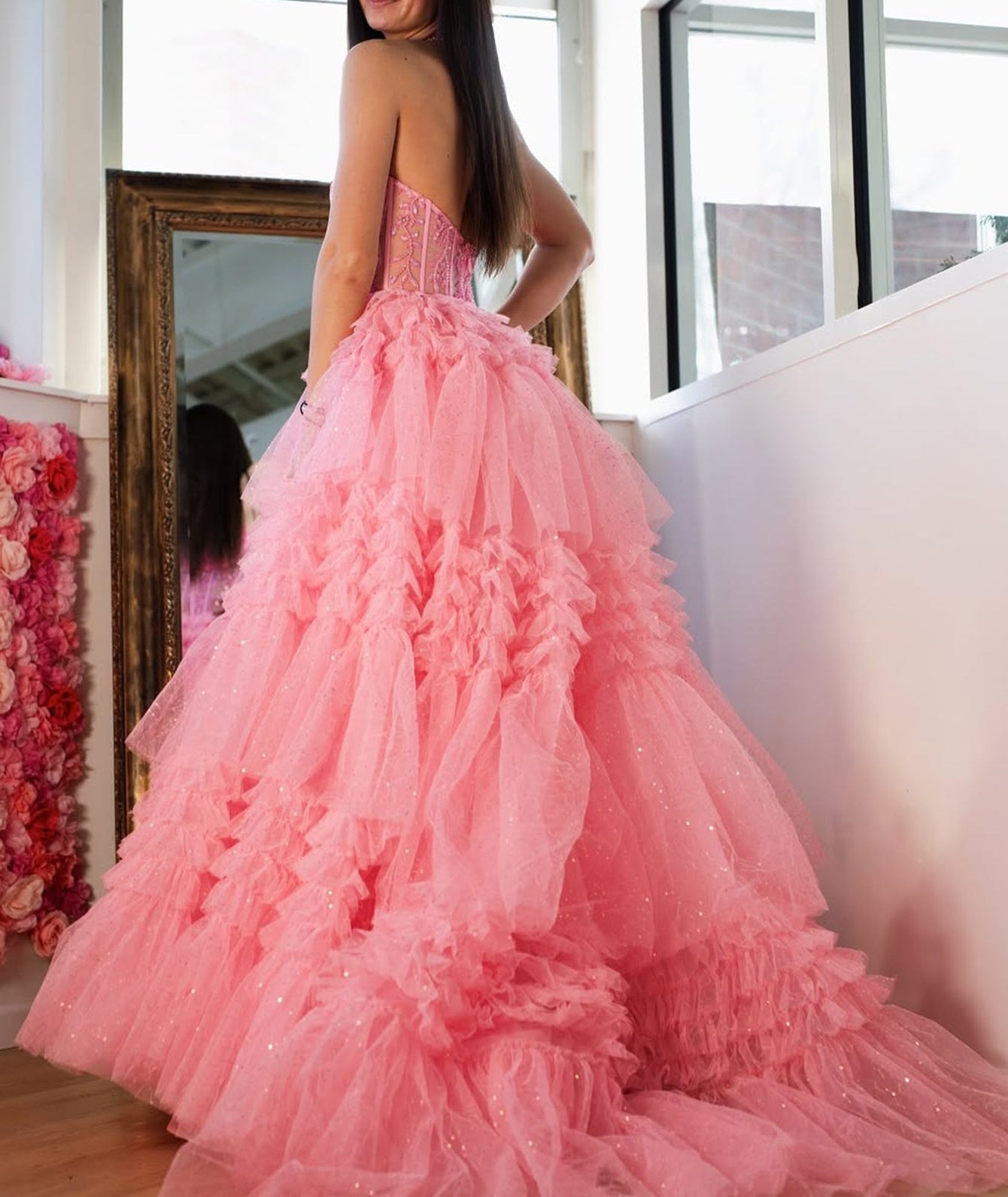 Halter Illusion Beading Embroidery Bodice Ball Gown Prom Dress With Ruffle Hem - Pink