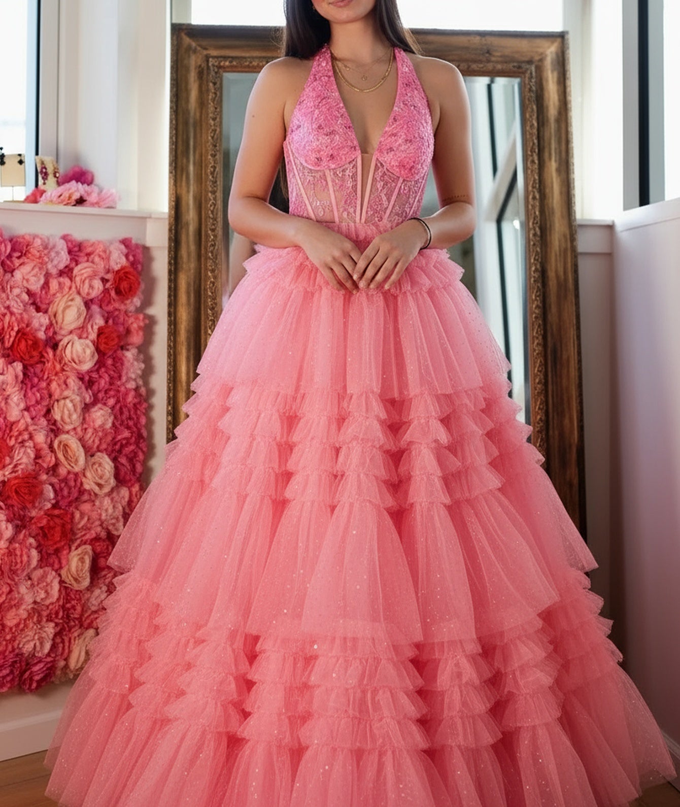 Halter Illusion Beading Embroidery Bodice Ball Gown Prom Dress With Ruffle Hem - Pink