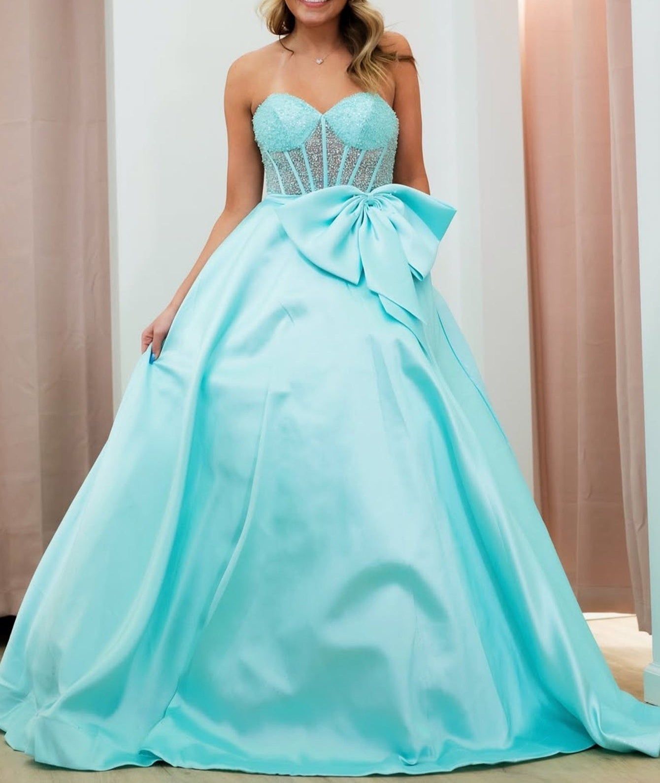 Strapless Big Bow Illusion Bodice Ball Gown Prom Dress - Sky Blue