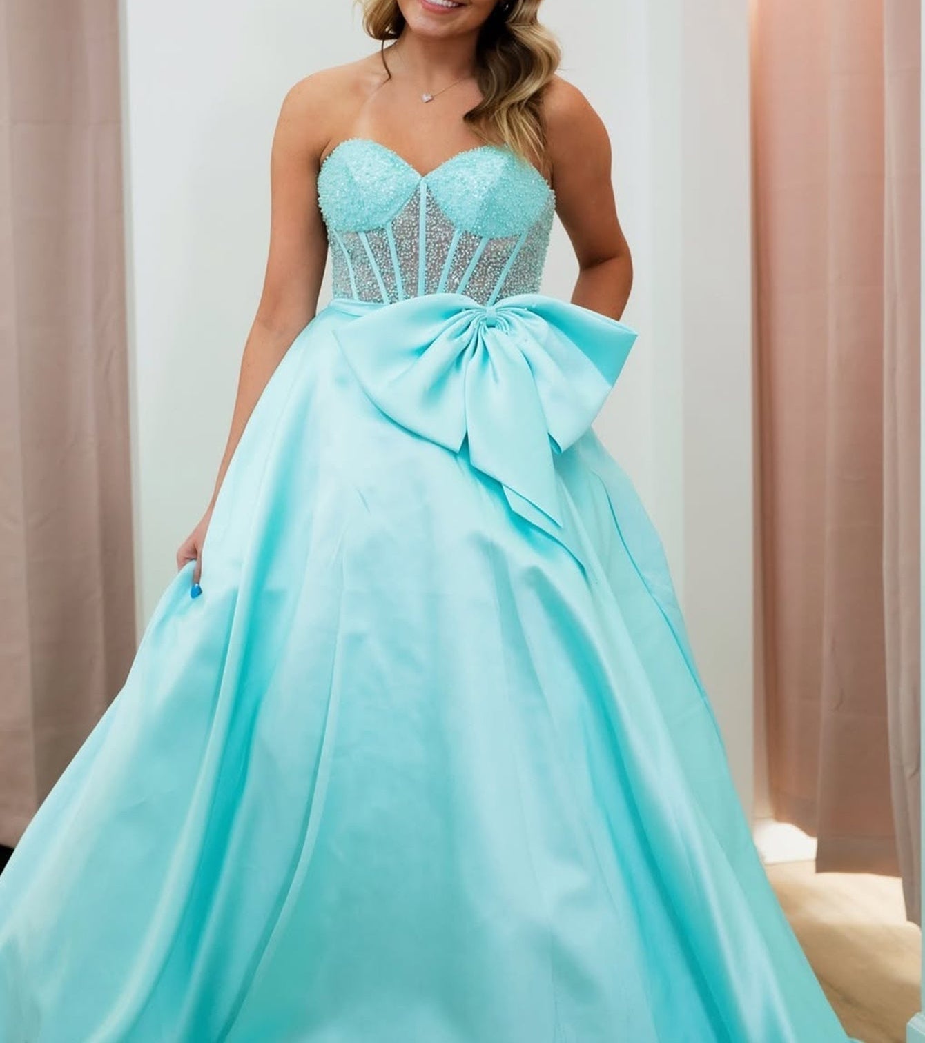 Strapless Big Bow Illusion Bodice Ball Gown Prom Dress - Sky Blue