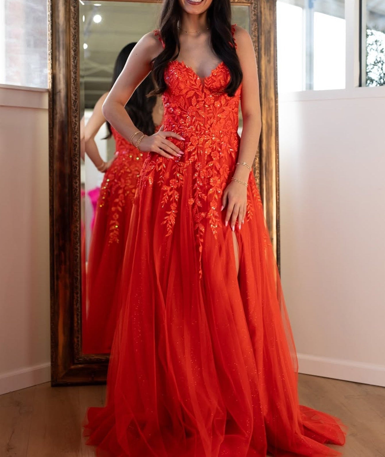 Lace Up V-Neck Beading Floral Embroidery Bodice Ball Gown Prom Dress With Slit - Orange