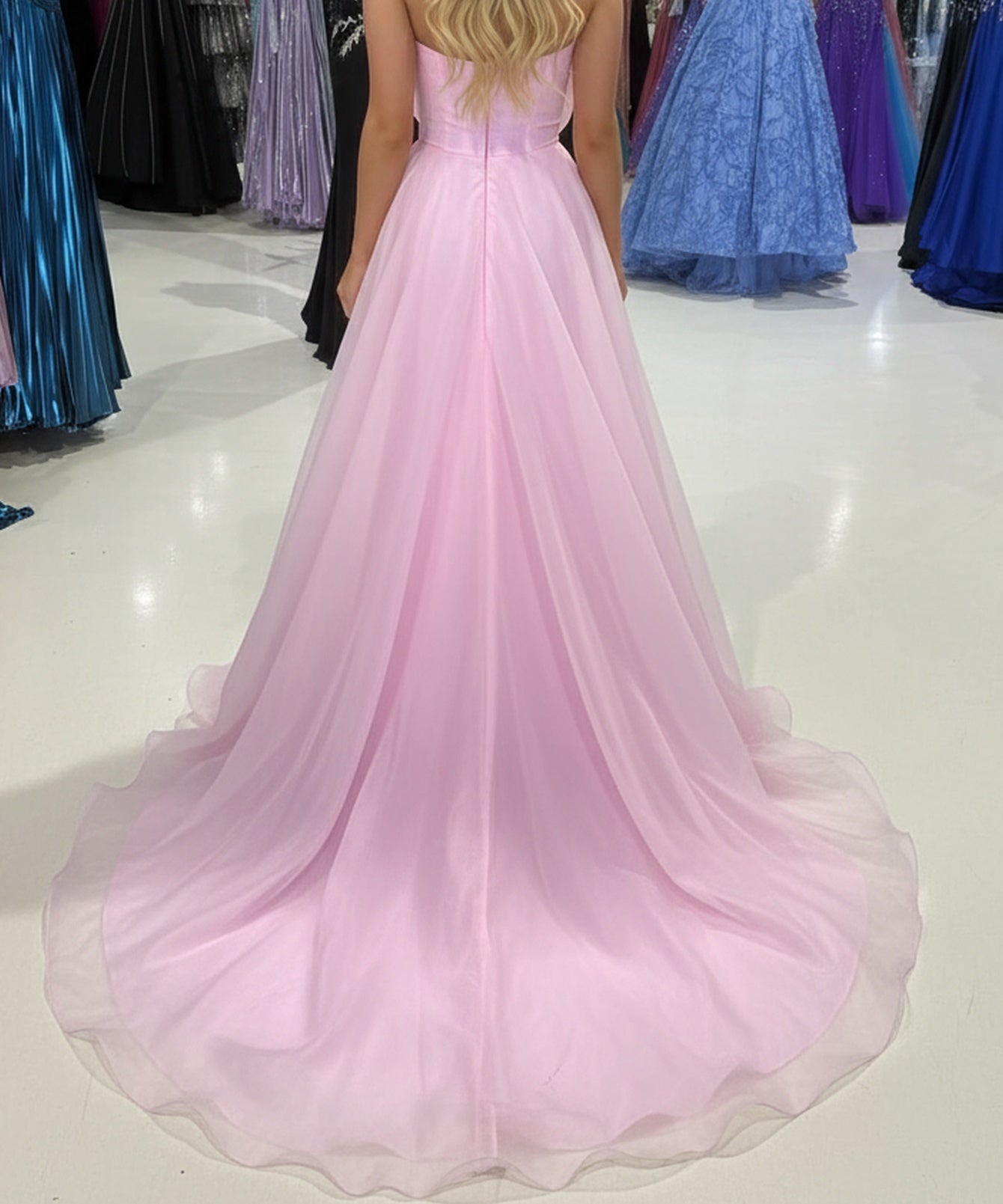 Strapless 3D Flower Bodice Long Ball Gown Prom Dress - Pink