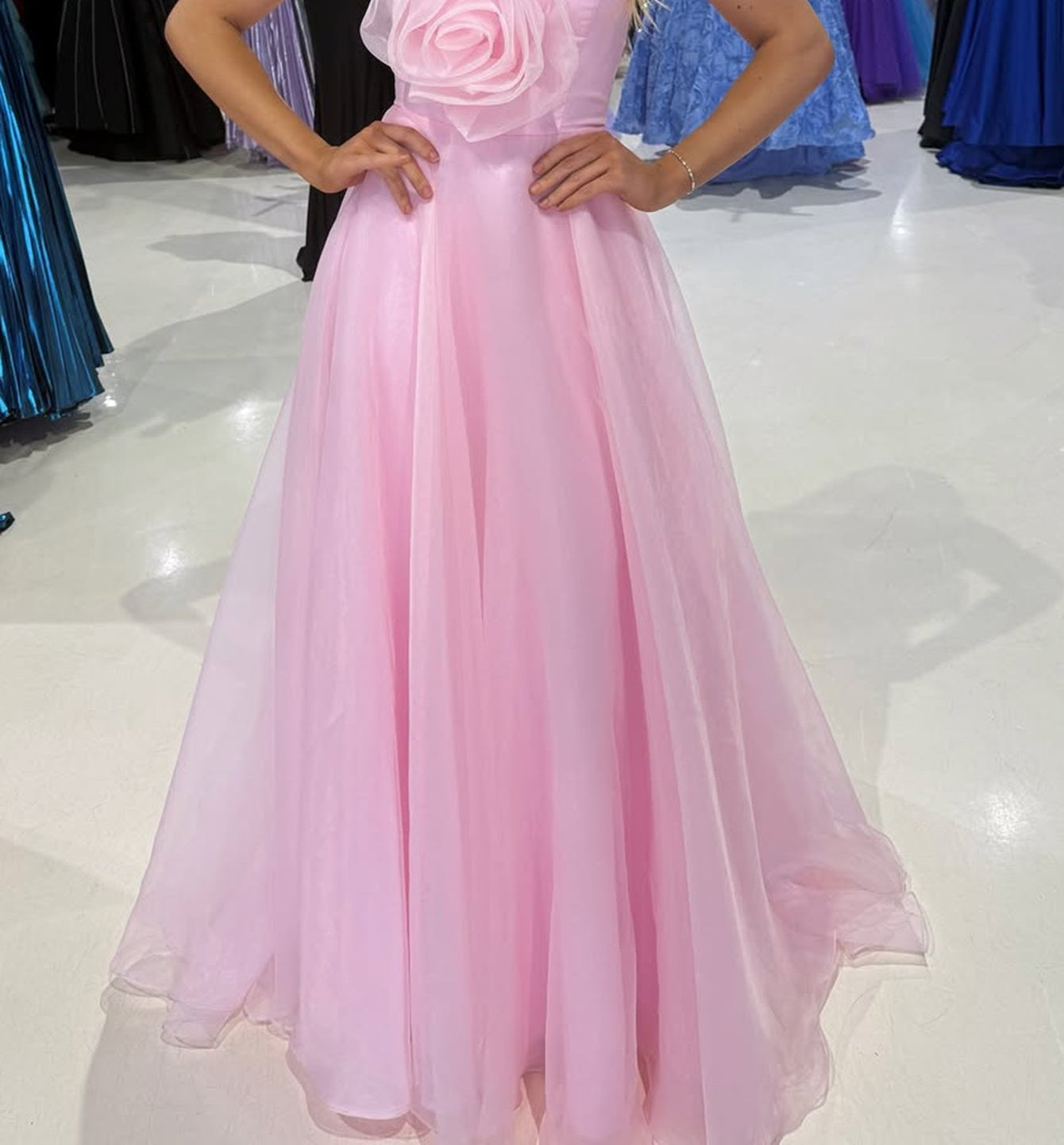 Strapless 3D Flower Bodice Long Ball Gown Prom Dress - Pink