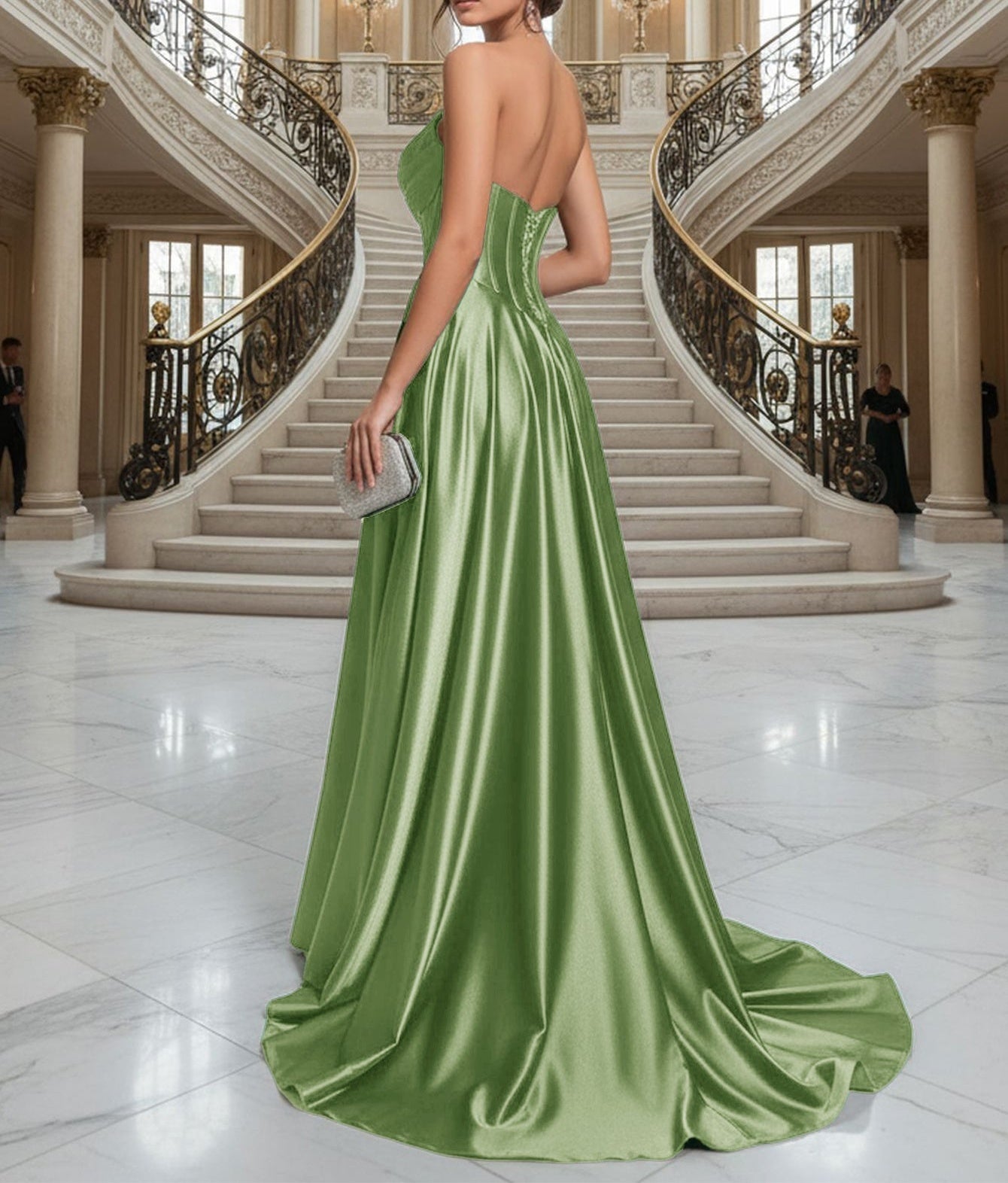 Strapless Bodice Split Prom Dress With Pocket - Sage Green