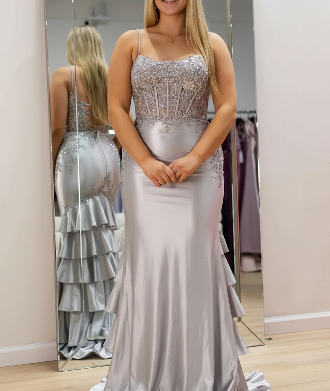 Spaghetti Strap Lace Up Beading Illusion Pleated Bodice Mermaid Prom Dress - Silver