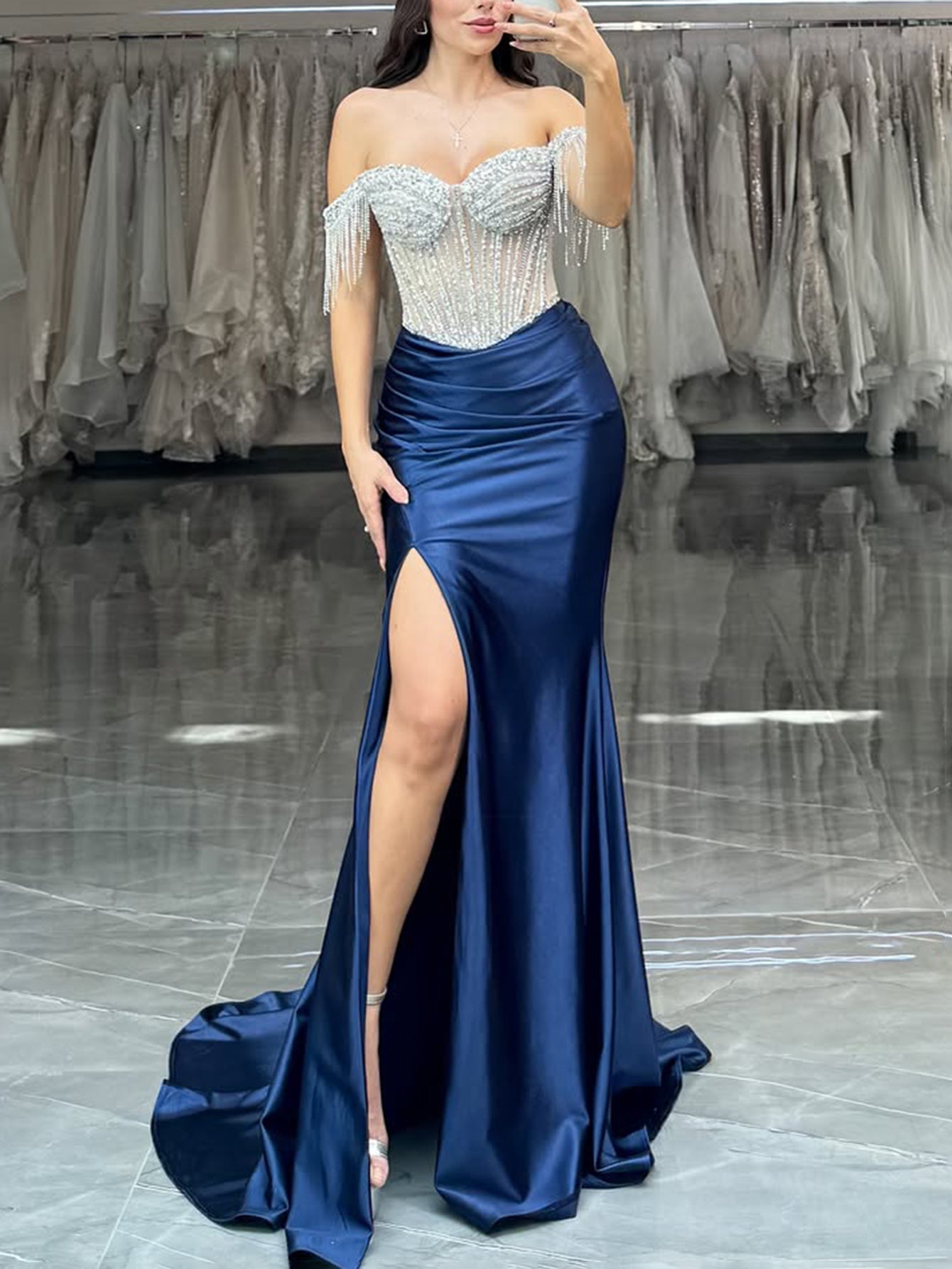 Hand Beading Off Shoulder Sheer Bodice Mermaid Evening Dress - Blue