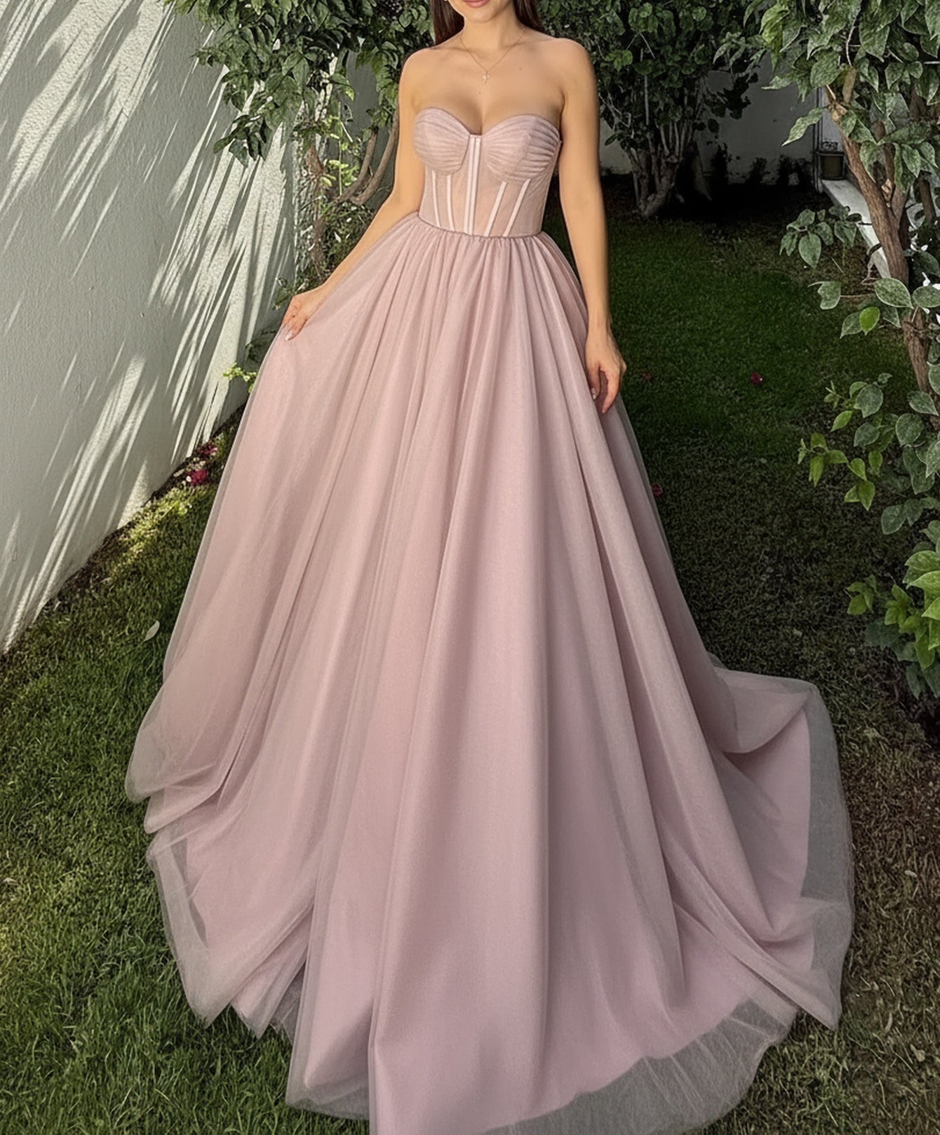 Strapless Lace Up Ruched Illusion Bodice Ball Gown Prom Dress - Dusty Rose