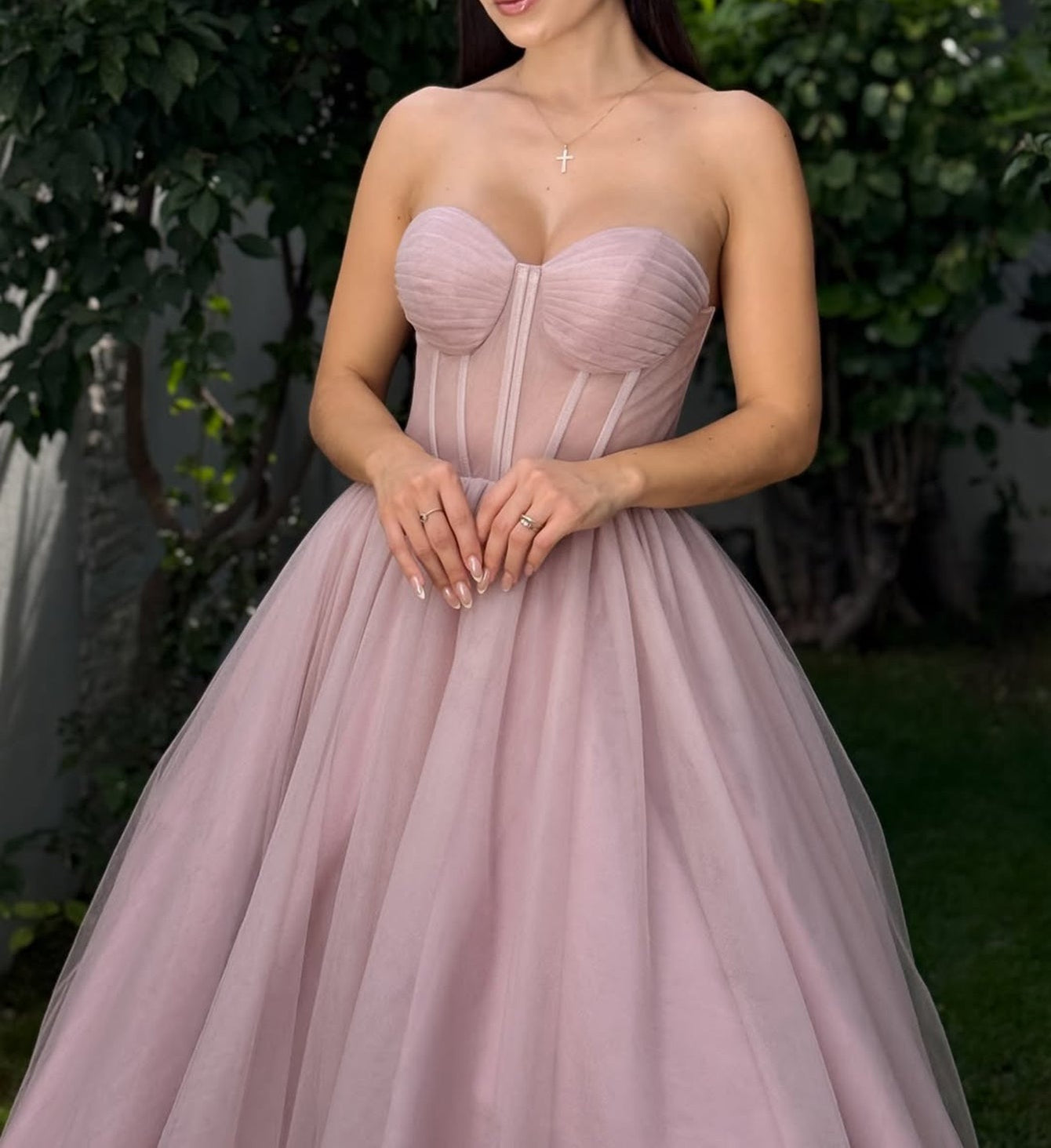 Strapless Lace Up Ruched Illusion Bodice Ball Gown Prom Dress - Dusty Rose