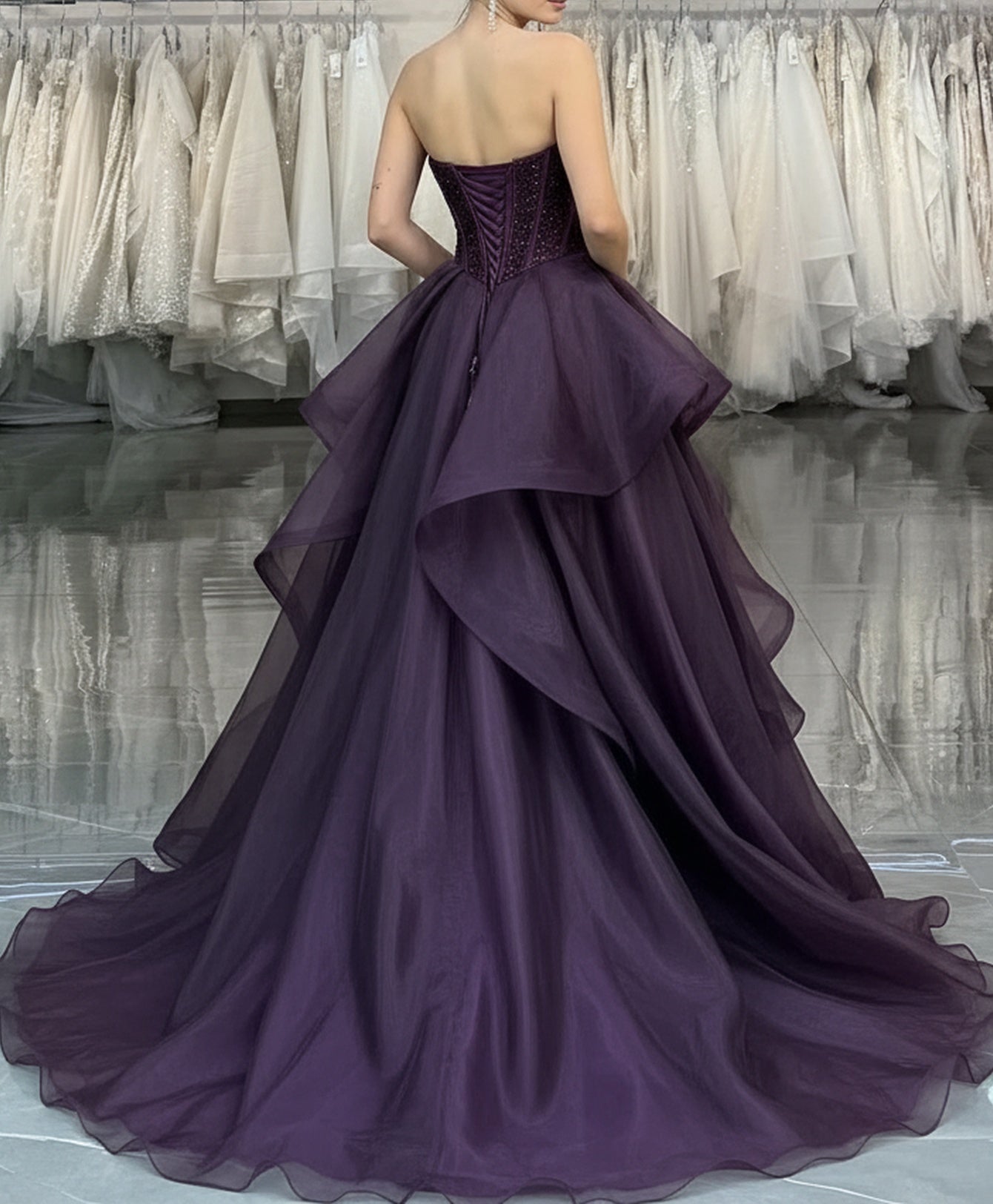 Strapless Beading Lace Up Layered Bodice Ball Gown Prom Dress - Purple