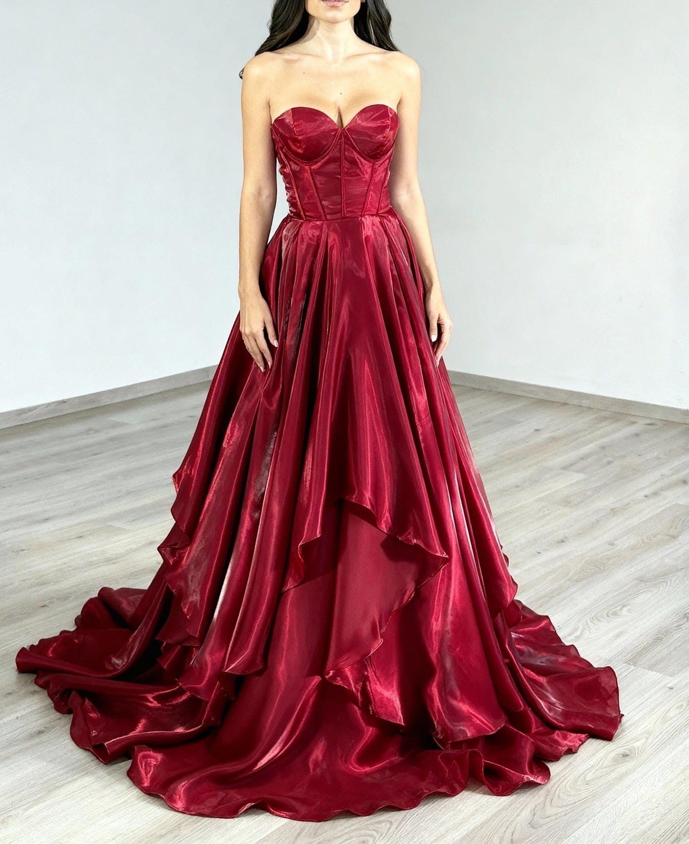 Strapless Layered Ruched Bodice Ball Gown Prom Dress - Burgundy