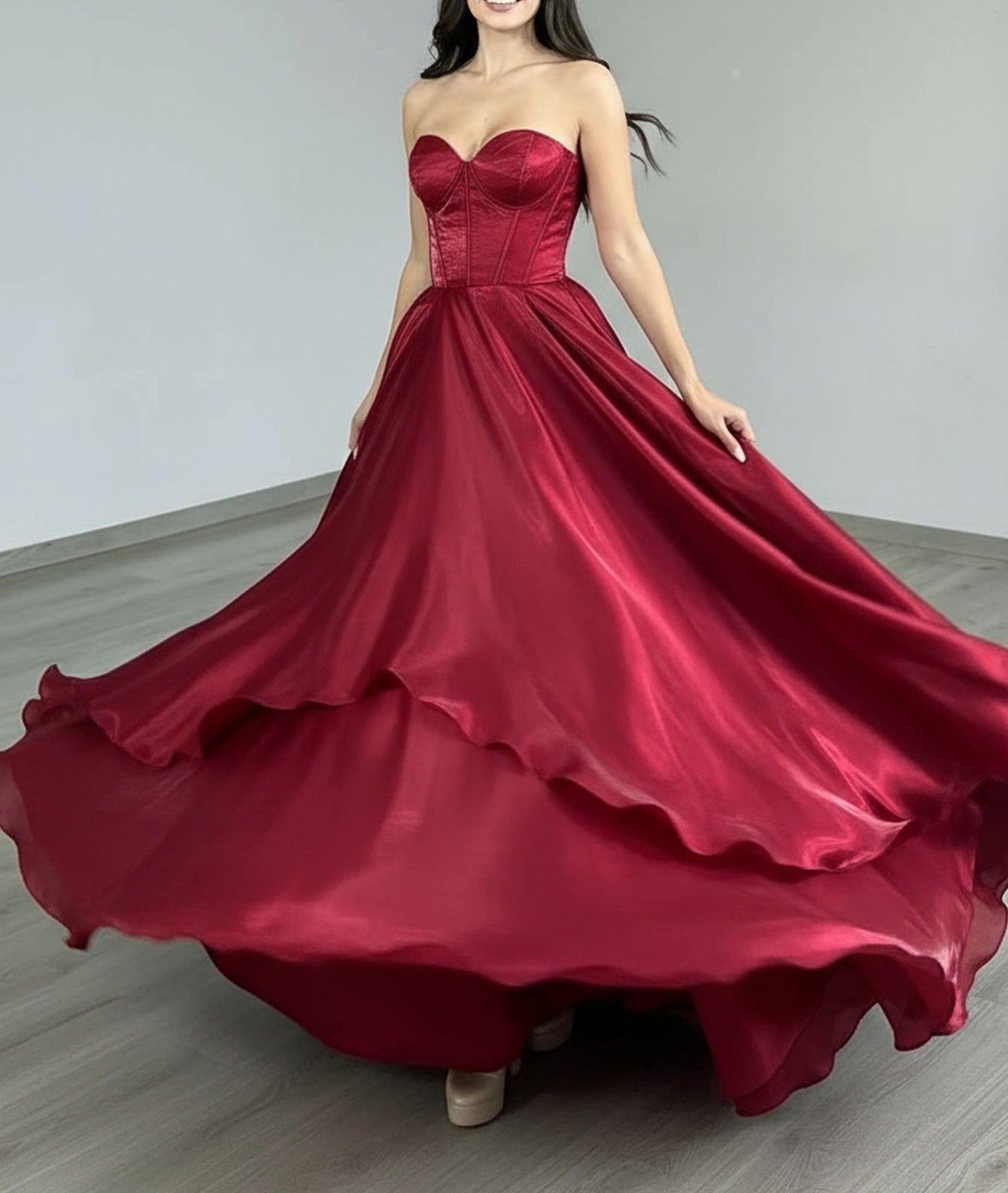 Strapless Layered Ruched Bodice Ball Gown Prom Dress - Burgundy