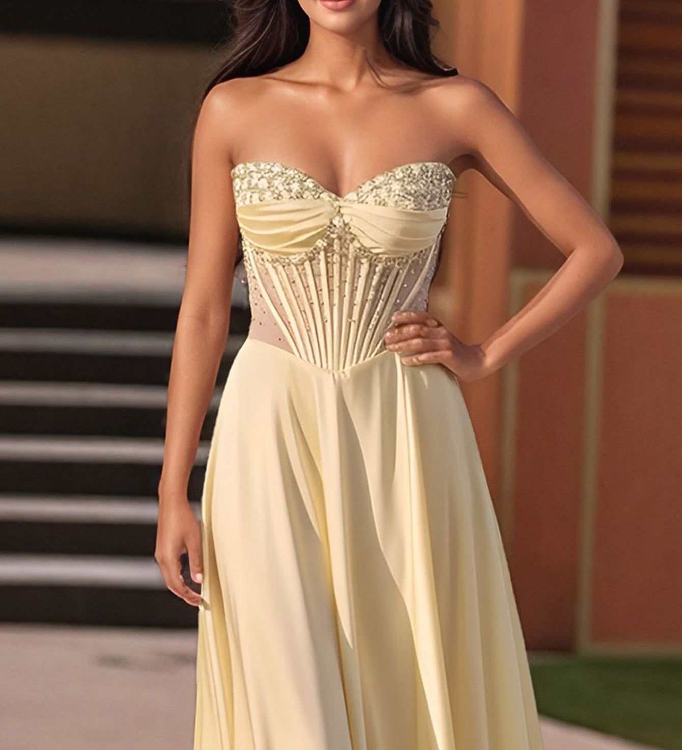 Strapless Beading Illusion Ruched Bodice Mermaid Prom Dress - Yellow