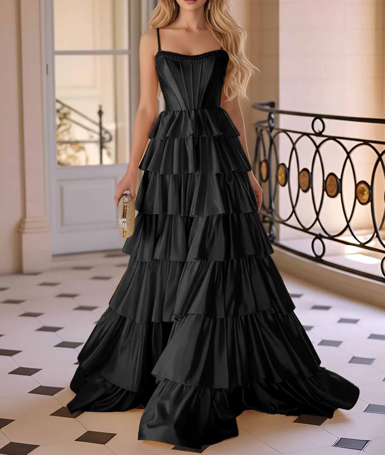 Spaghetti Strap Layered Lace Up Pleated Bodice Ball Gown Prom Dress - Black
