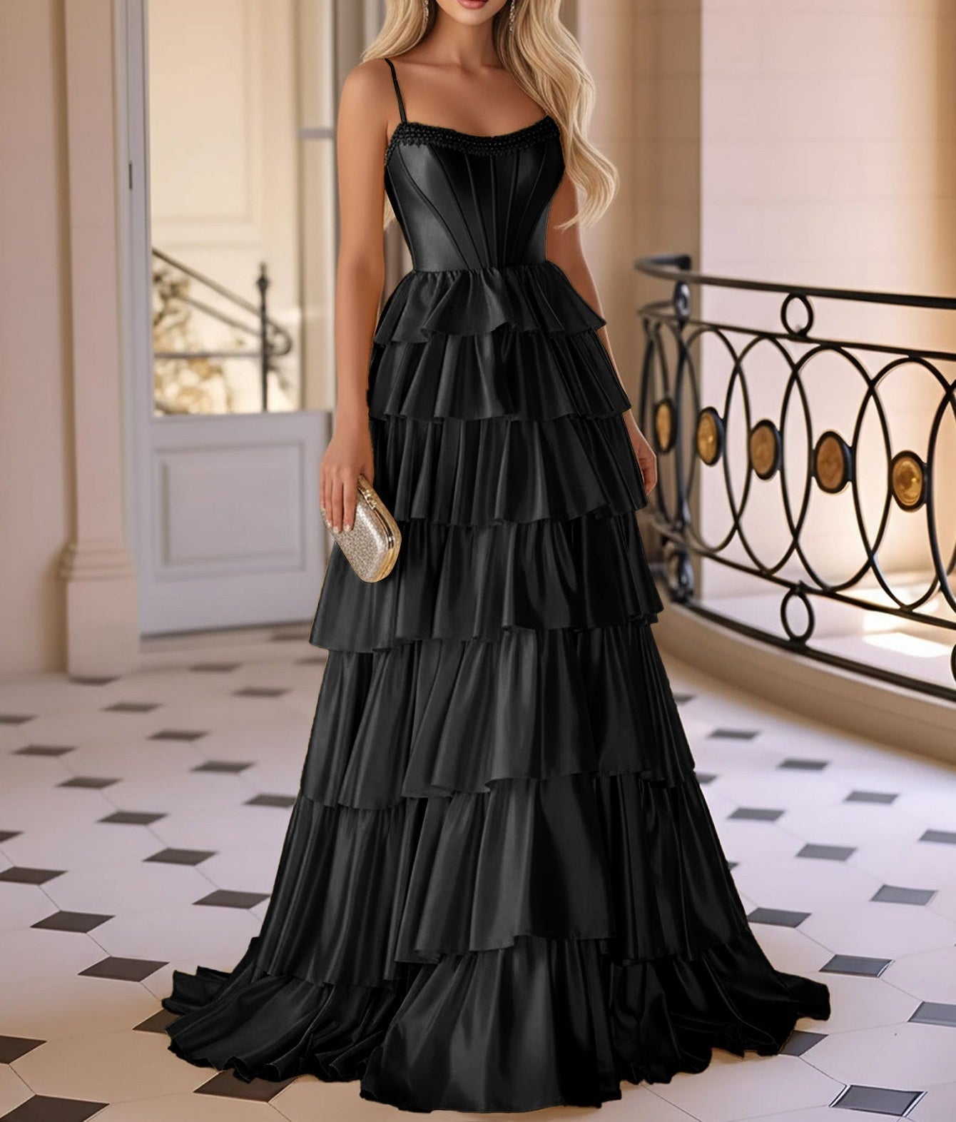 Spaghetti Strap Layered Lace Up Pleated Bodice Ball Gown Prom Dress - Black