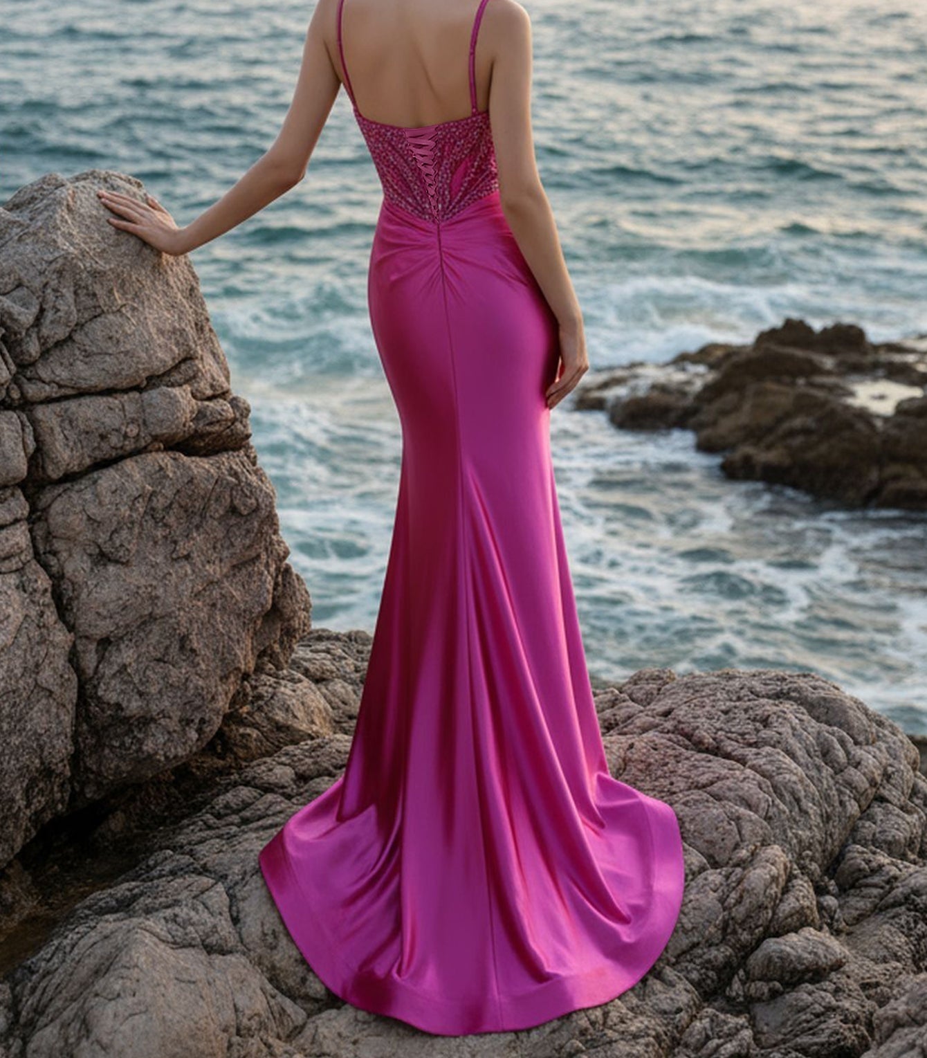 Cut Front Spaghetti Strap Hand Beading Lace Up Ruched Bodice Mermaid Prom Dress With Slit - Hot Pink